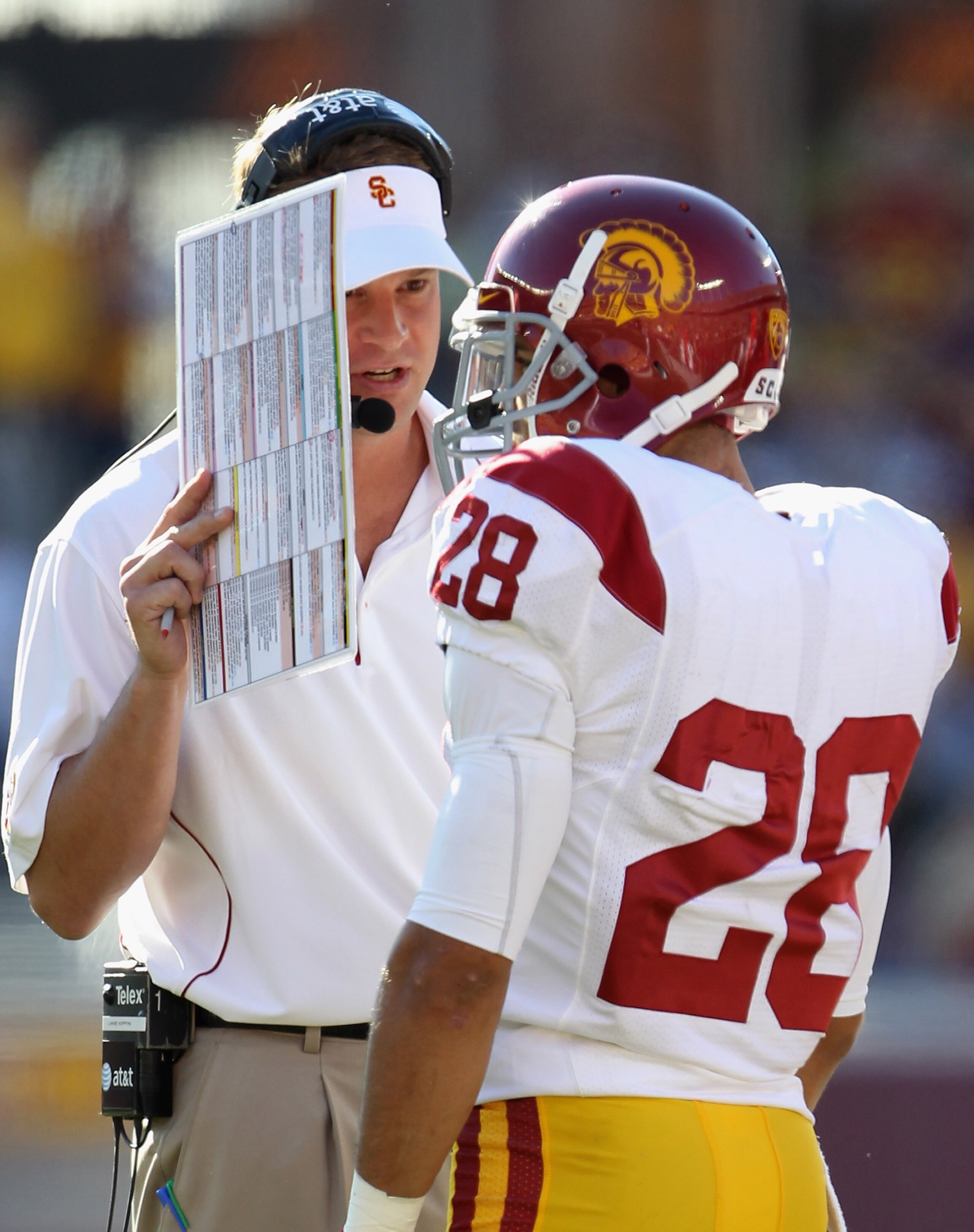 MINNEAPOLIS - SEPTEMBER 18:  Head coach Lane Kiffin of the USC Trojans confers with Dillon Baxter #28 during the game against the Minnesota Golden Gophers on September 18, 2010 at TCF Bank Stadium in Minneapolis, Minnesota.  (Photo by Jamie Squire/Getty I