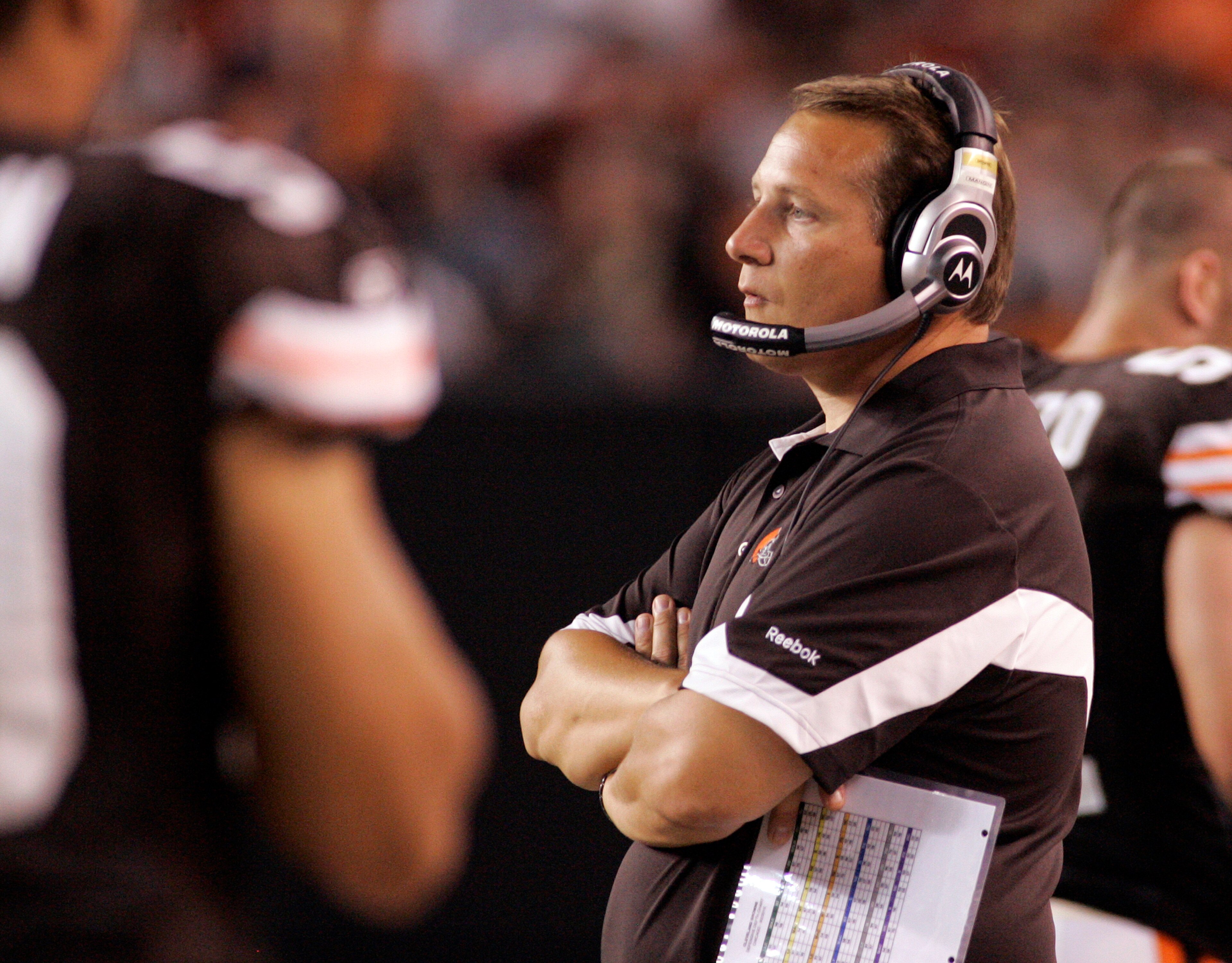CLEVELAND - SEPTEMBER 2:  Cleveland Browns head coach Eric Mangini looks on during the preseason game against the Chicago Bears on September 2, 2010 at Cleveland Browns Stadium in Cleveland, Ohio. The Browns defeated the Bears 13-10.  (Photo by Justin K.