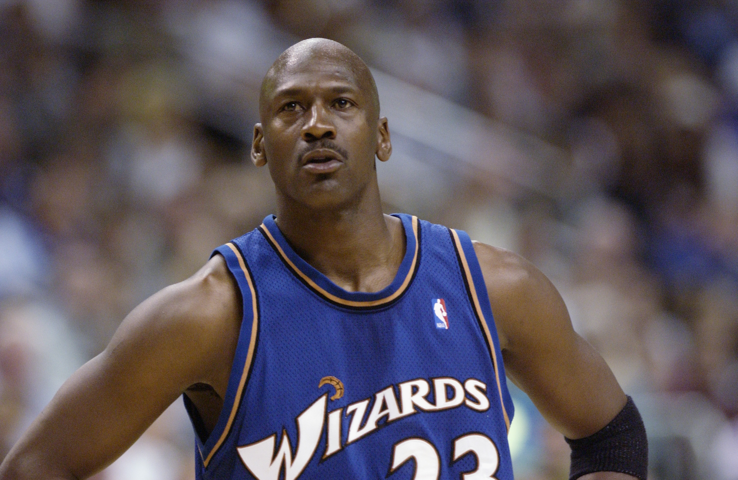 PHILADELPHIA - APRIL 16:  Michael Jordan #23 of the Washington Wizards on the court during the final NBA game of his career, played against the Philadelphia 76ers at First Union Center on March 30, 2003 in Philadelphia, Pennsylvania.  The Sixers won 107-8