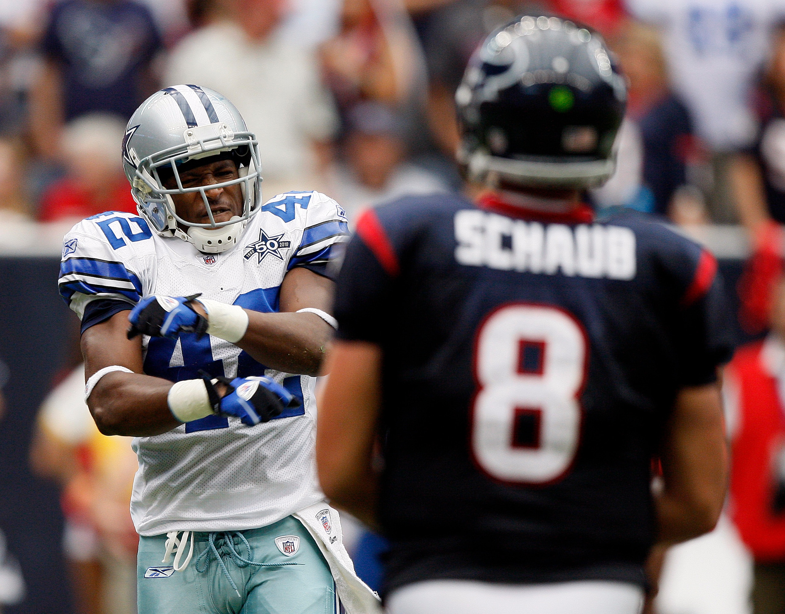 HOUSTON - SEPTEMBER 26:  Saftey Barry Church #42 of the Dallas Cowboys reacts after a defensive stop of quarterback Matt Schaub #8 of the Houston Texans at Reliant Stadium on September 26, 2010 in Houston, Texas.  (Photo by Bob Levey/Getty Images)