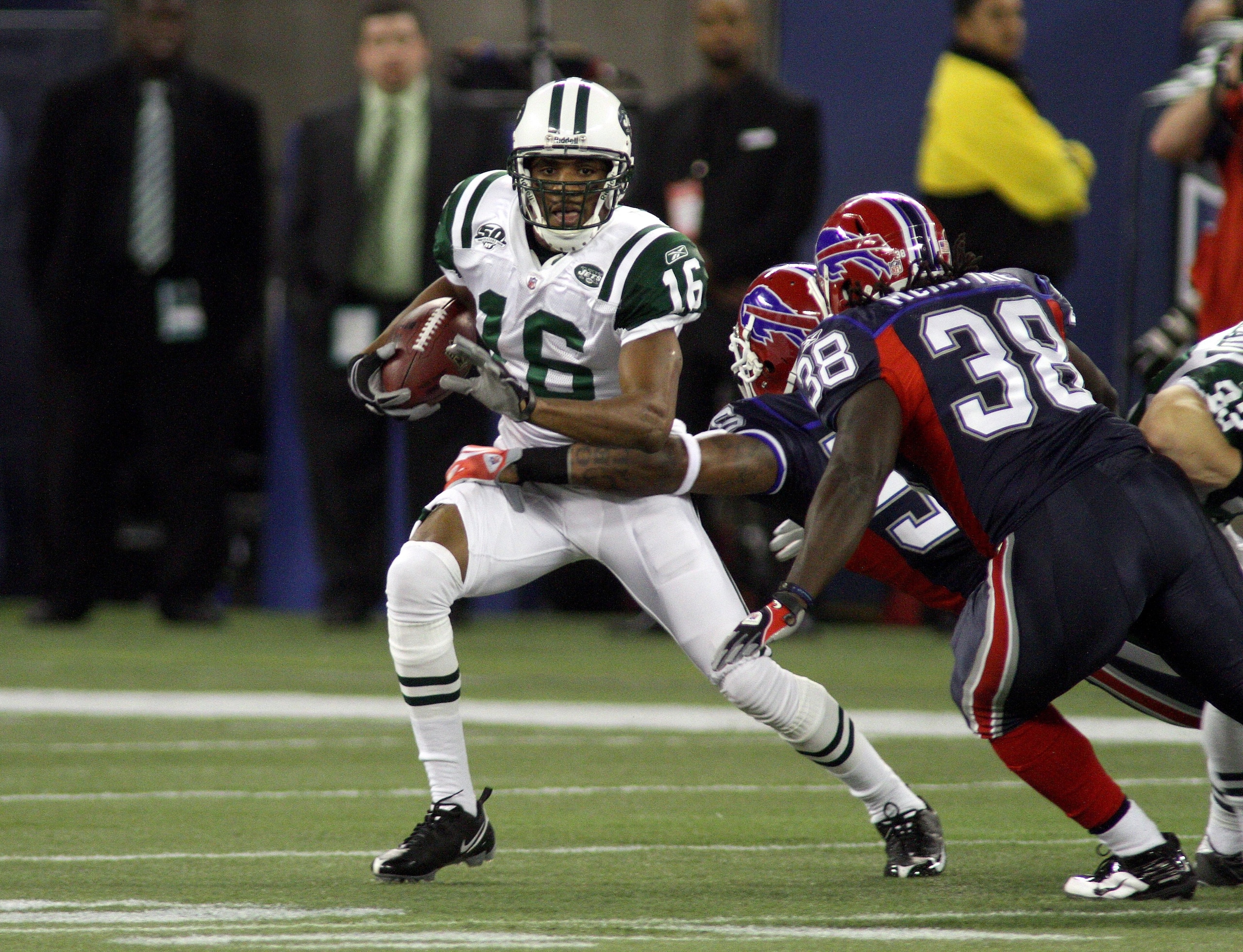 TORONTO - DECEMBER 3:  Brad Smith #16 of the New York Jets looks to run with the ball during their NFL game against the Buffalo Bills on December 3, 2009  at Rogers Centre in Toronto, Ontario, Canada. The Jets defeated the Bills 19-13. (Photo by Rick Stew