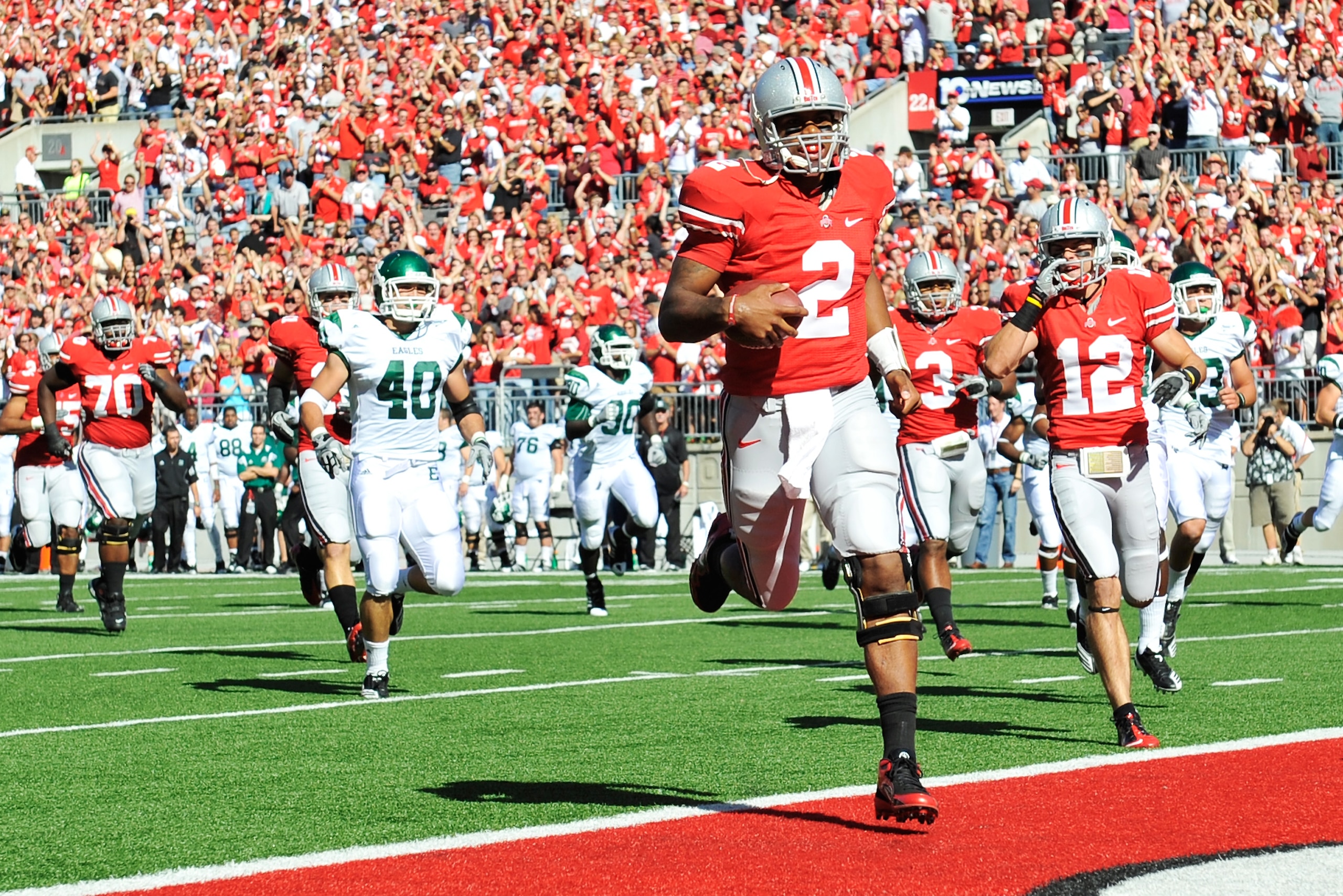 COLUMBUS, OH - SEPTEMBER 25:  Quarterback Terrelle Pryor #2 of the Ohio State Buckeyes scores on a 53-yard run against the Eastern Michigan Eagles in the first quarter at Ohio Stadium on September 25, 2010 in Columbus, Ohio.  (Photo by Jamie Sabau/Getty I