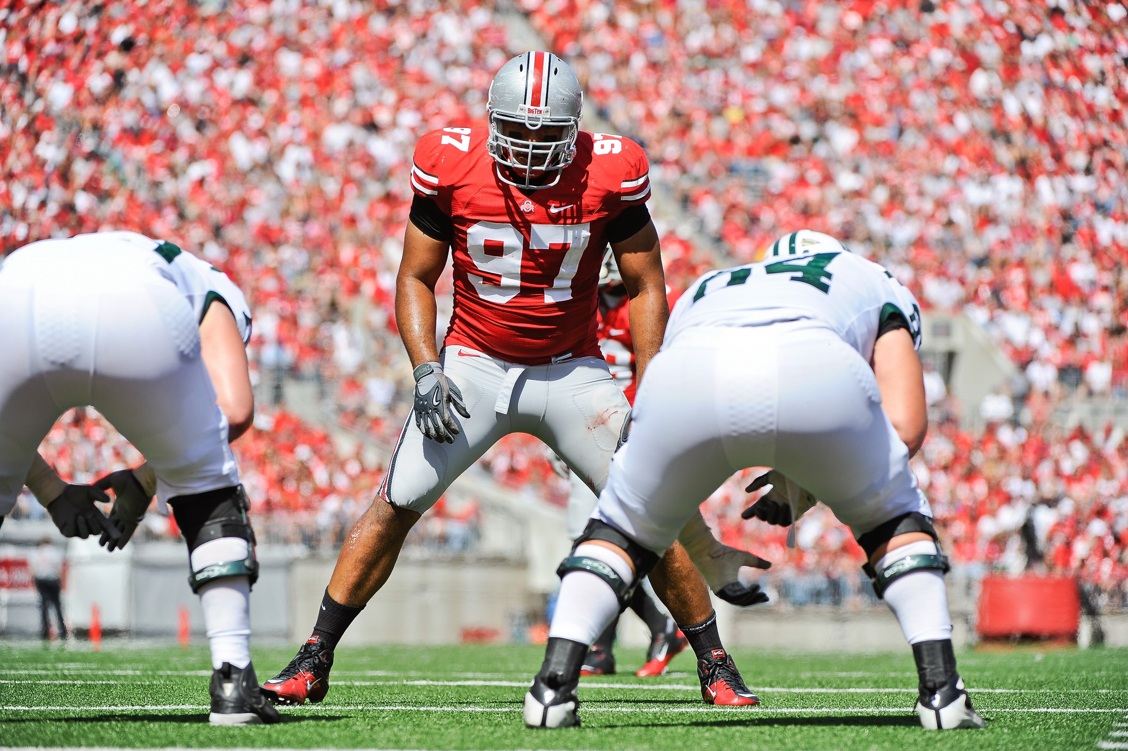 COLUMBUS, OH - SEPTEMBER 18: Cameron Heyward #97 of the Ohio State Buckeyes lines up against the Ohio Bobcats at Ohio Stadium on September 18, 2010 in Columbus, Ohio. (Photo by Jamie Sabau/Getty Images) COLUMBUS, OH - SEPTEMBER 18: Cameron Heyward #97 of the Ohio State Buckeyes lines up against the Ohio Bobcats at Ohio Stadium on September 18, 2010 in Columbus, Ohio. (Photo by Jamie Sabau/Getty Images)