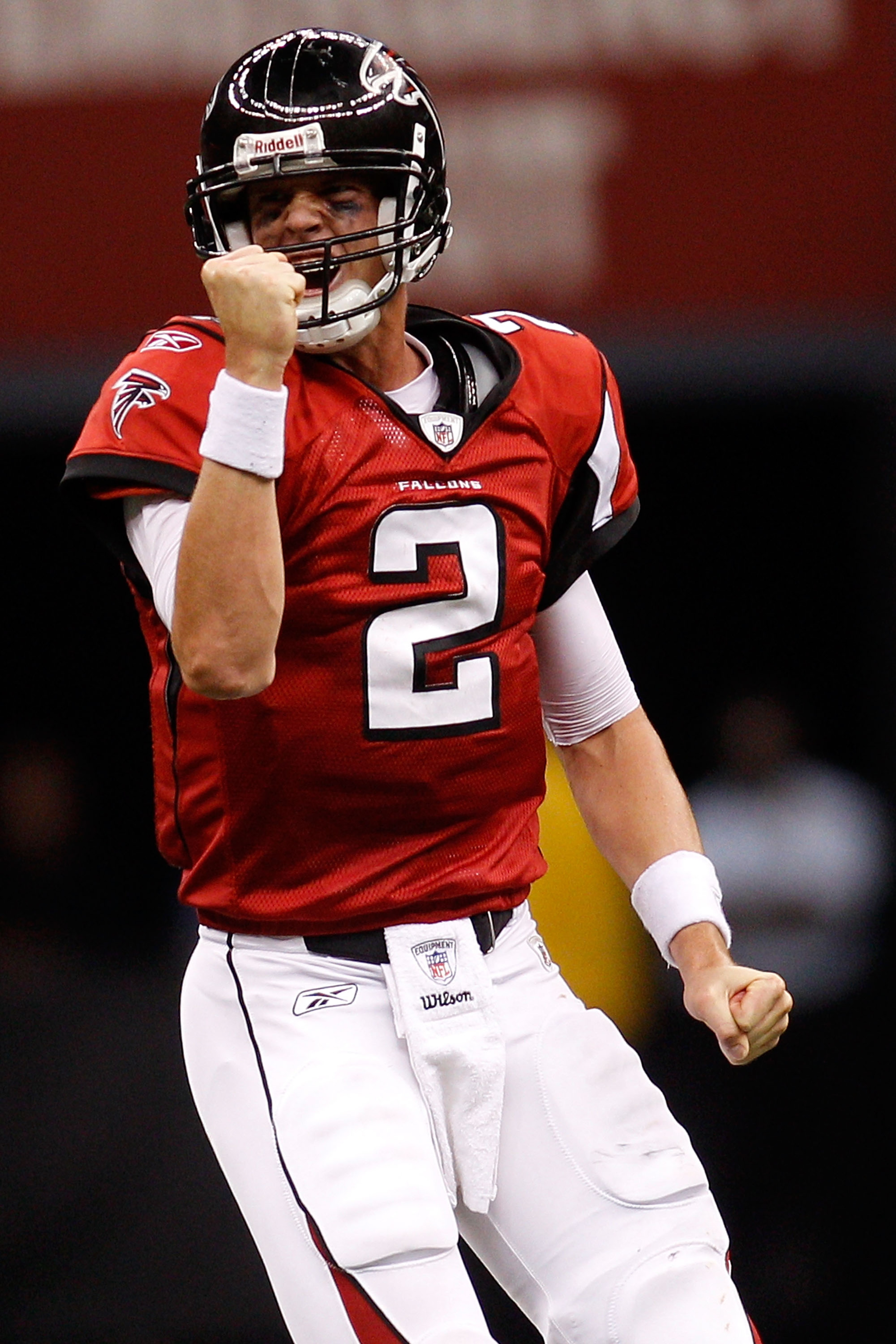 NEW ORLEANS - SEPTEMBER 26:  Matt Ryan #2 of the Atlanta Falcons celebrates after throwing a touchdown pass against the New Orleans Saints at the Louisiana Superdome on September 26, 2010 in New Orleans, Louisiana.  The Falcons defeated the Saints 27-24.