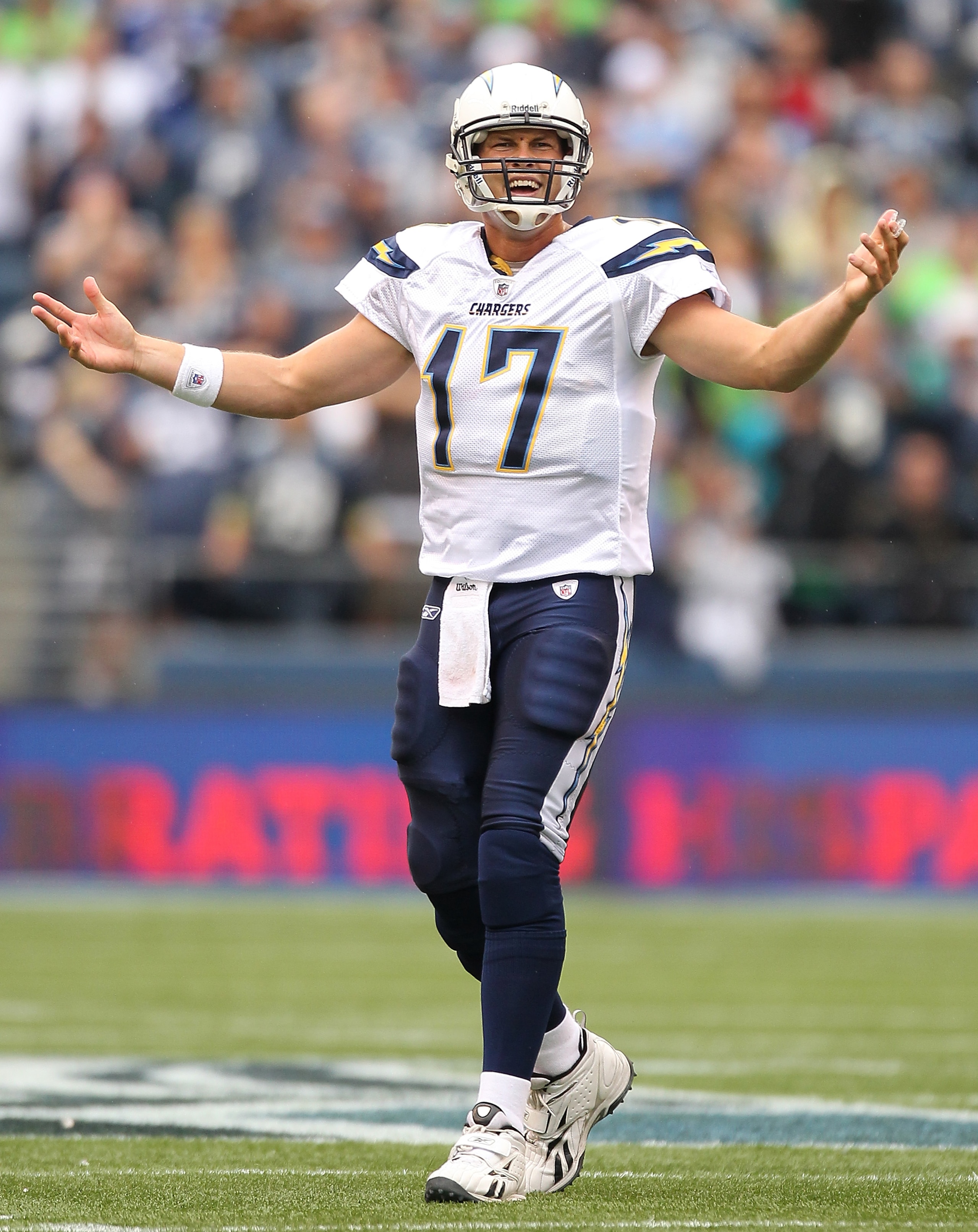 SEATTLE - SEPTEMBER 26: Quarterback Philip Rivers #17 of the San Diego Chargers questions a penalty call during the game against the Seattle Seahawks at Qwest Field on September 26, 2010 in Seattle, Washington. The Seahawks defeated the Chargers 27-20.(P SEATTLE - SEPTEMBER 26: Quarterback Philip Rivers #17 of the San Diego Chargers questions a penalty call during the game against the Seattle Seahawks at Qwest Field on September 26, 2010 in Seattle, Washington. The Seahawks defeated the Chargers 27-20.(P