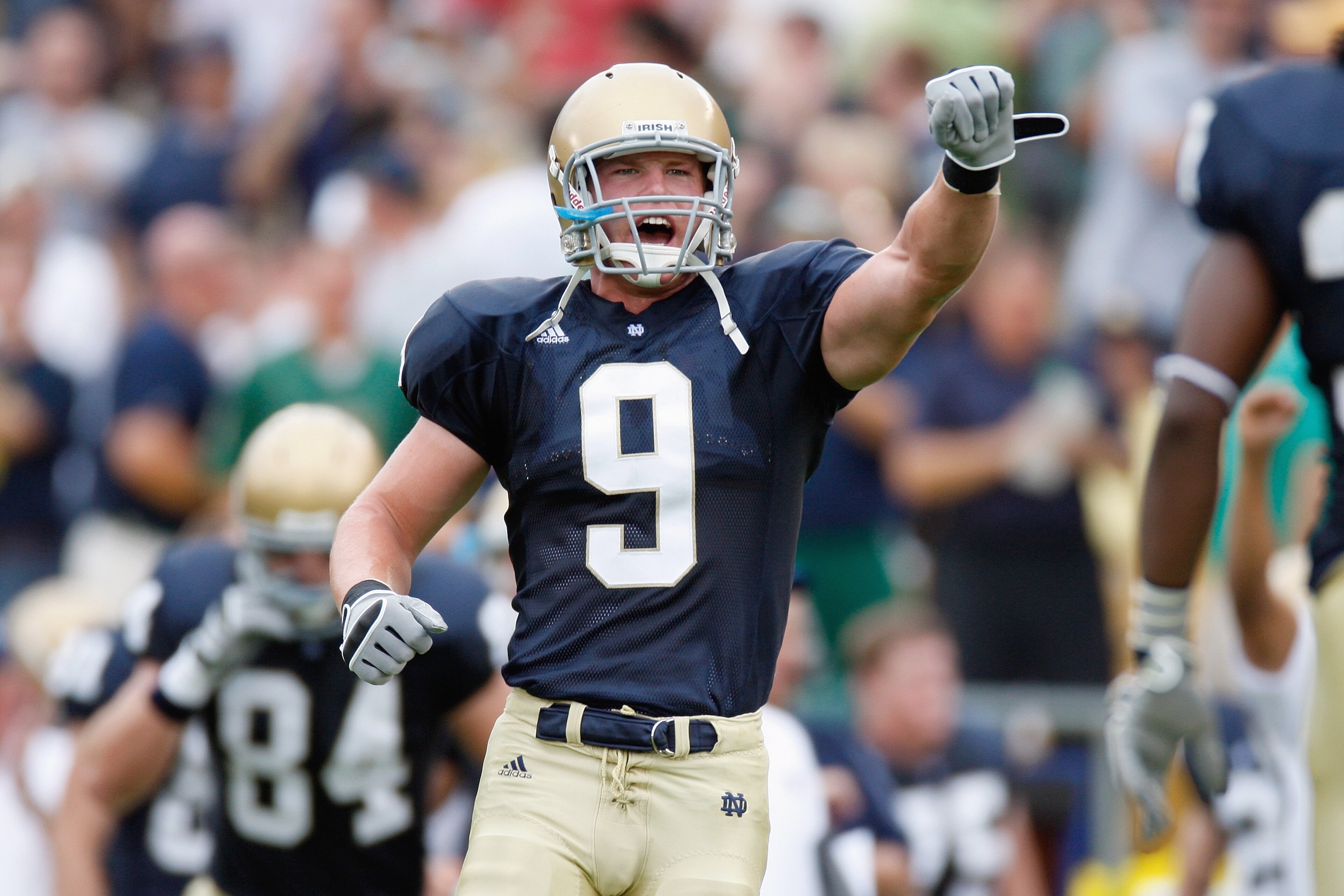 SOUTH BEND,IN - SEPTEMBER 13: Ethan Johnson #9 of the Notre Dame Fighting Irish yells during the game against the Michigan Wolverines on September 13, 2008 at Notre Dame Stadium in South Bend, Indiana. (Photo by: Gregory Shamus/Getty Images) SOUTH BEND,IN - SEPTEMBER 13: Ethan Johnson #9 of the Notre Dame Fighting Irish yells during the game against the Michigan Wolverines on September 13, 2008 at Notre Dame Stadium in South Bend, Indiana. (Photo by: Gregory Shamus/Getty Images)