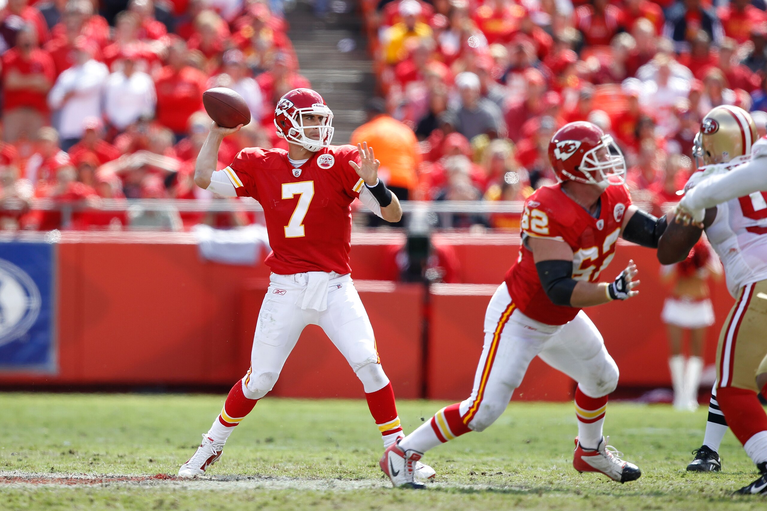 KANSAS CITY, MO - SEPTEMBER 26: Matt Cassel #7 of the Kansas City Chiefs passes the ball against the San Francisco 49ers at Arrowhead Stadium on September 26, 2010 in Kansas City, Missouri. The Chiefs won 31-10. (Photo by Joe Robbins/Getty Images) KANSAS CITY, MO - SEPTEMBER 26: Matt Cassel #7 of the Kansas City Chiefs passes the ball against the San Francisco 49ers at Arrowhead Stadium on September 26, 2010 in Kansas City, Missouri. The Chiefs won 31-10. (Photo by Joe Robbins/Getty Images)