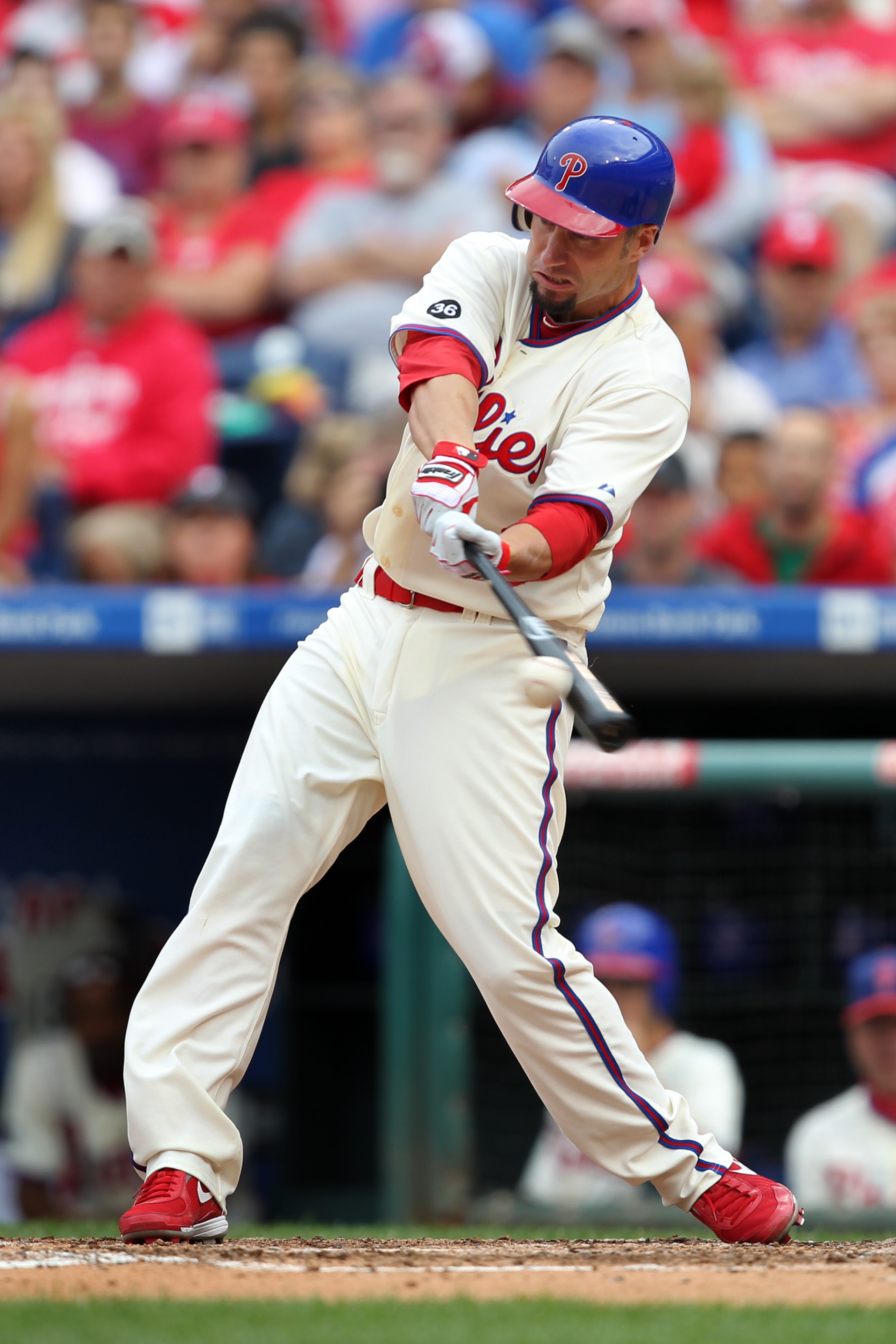 PHILADELPHIA - SEPTEMBER 26: First baseman Ross Gload #3 of the Philadelphia Phillies bats during a game against the New York Mets at Citizens Bank Park on September 26, 2010 in Philadelphia, Pennsylvania. The Mets won 7-3. (Photo by Hunter Martin/Getty I