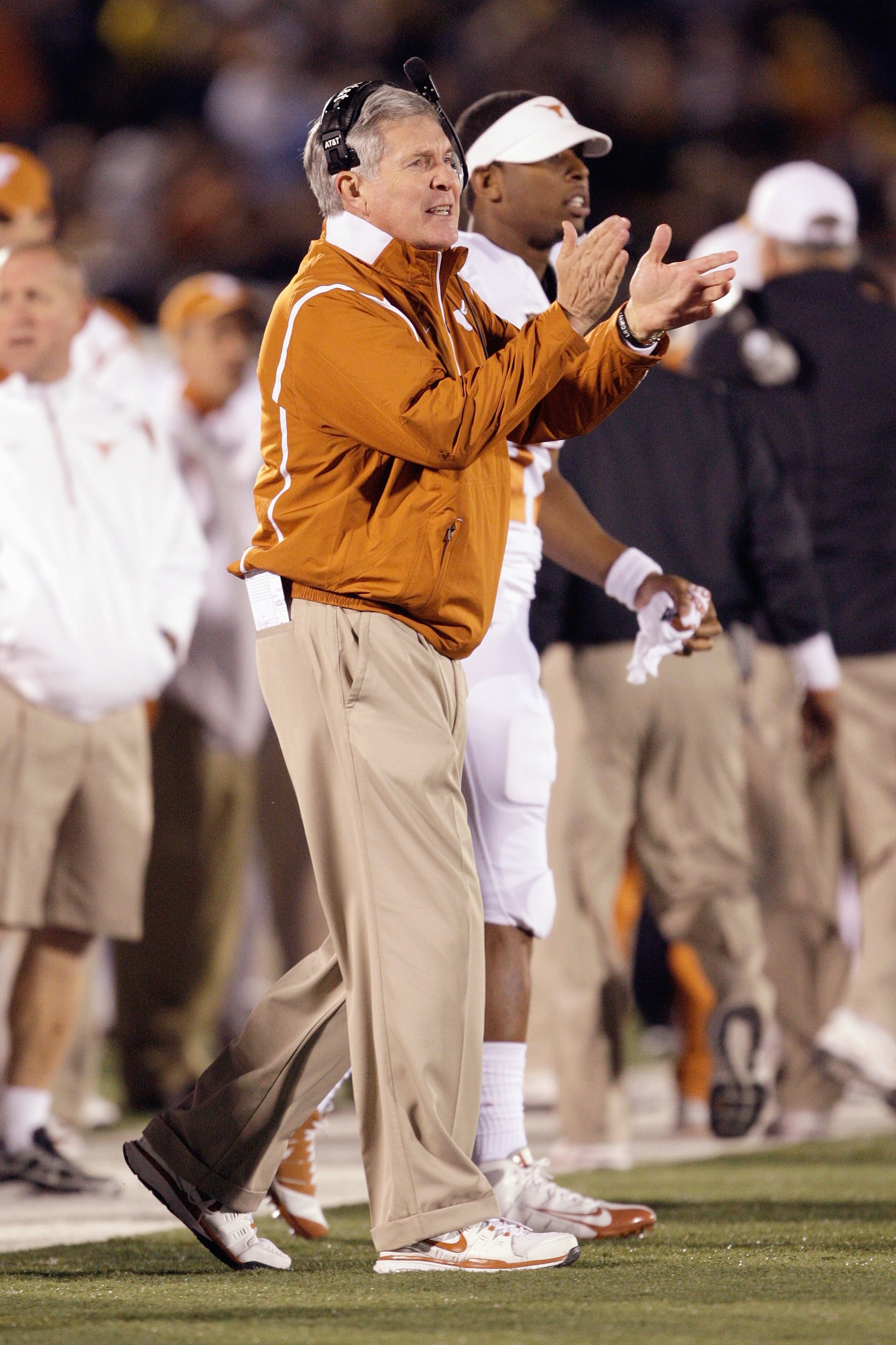 COLUMBIA, MO - OCTOBER 24:  Head coach Mac Brown of the Texas Longhorns coaches his team during the game against the Missouri Tigers on October 24, 2009 at Faurot Field/Memorial Stadium in Columbia, Missouri. (Photo by Jamie Squire/Getty Images)