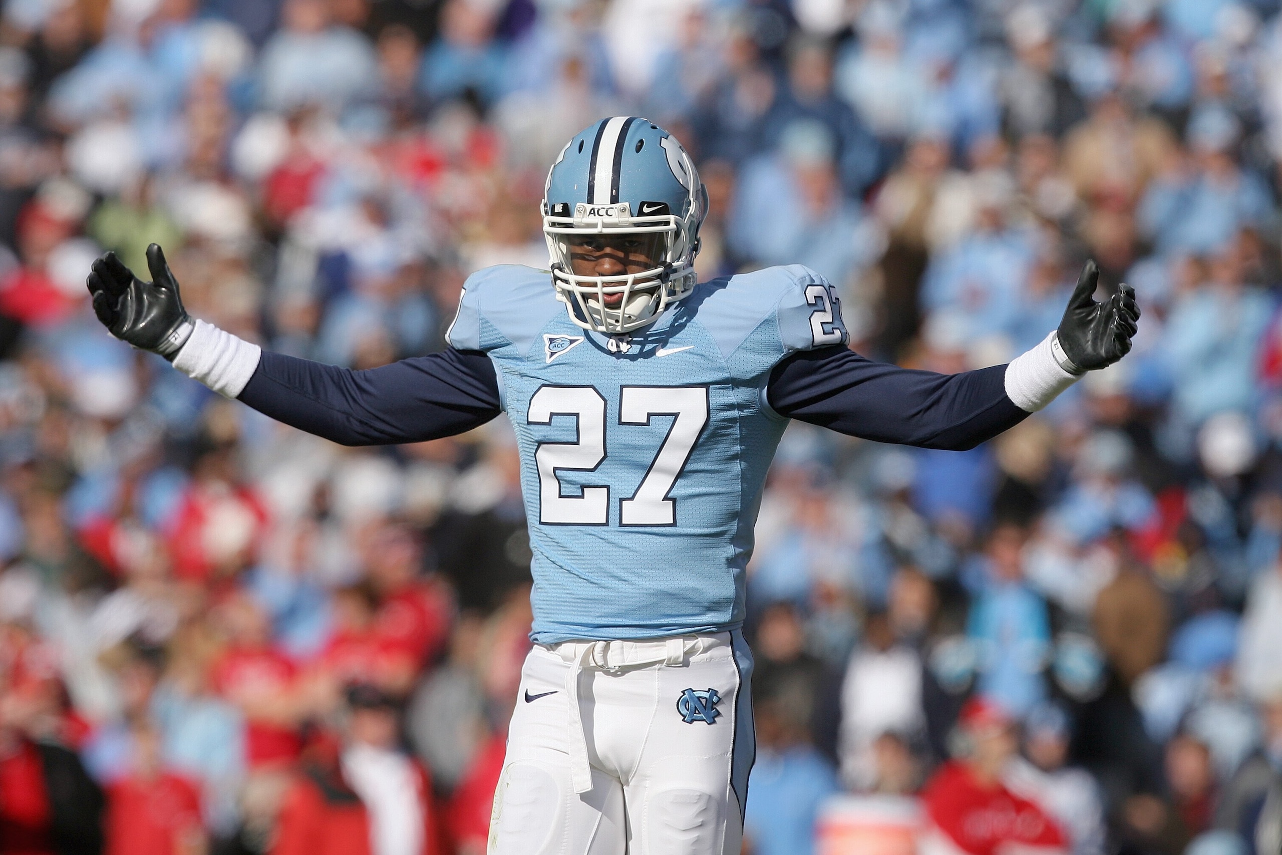CHAPEL HILL, NC - NOVEMBER 22:  Deunta Williams #27 of the North Carolina Tar Heels celebrates on the field during the game the North Carolina State Wolfpack at Kenan Stadium on November 22, 2008 in Chapel Hill, North Carolina. (Photo by Streeter Lecka/Ge