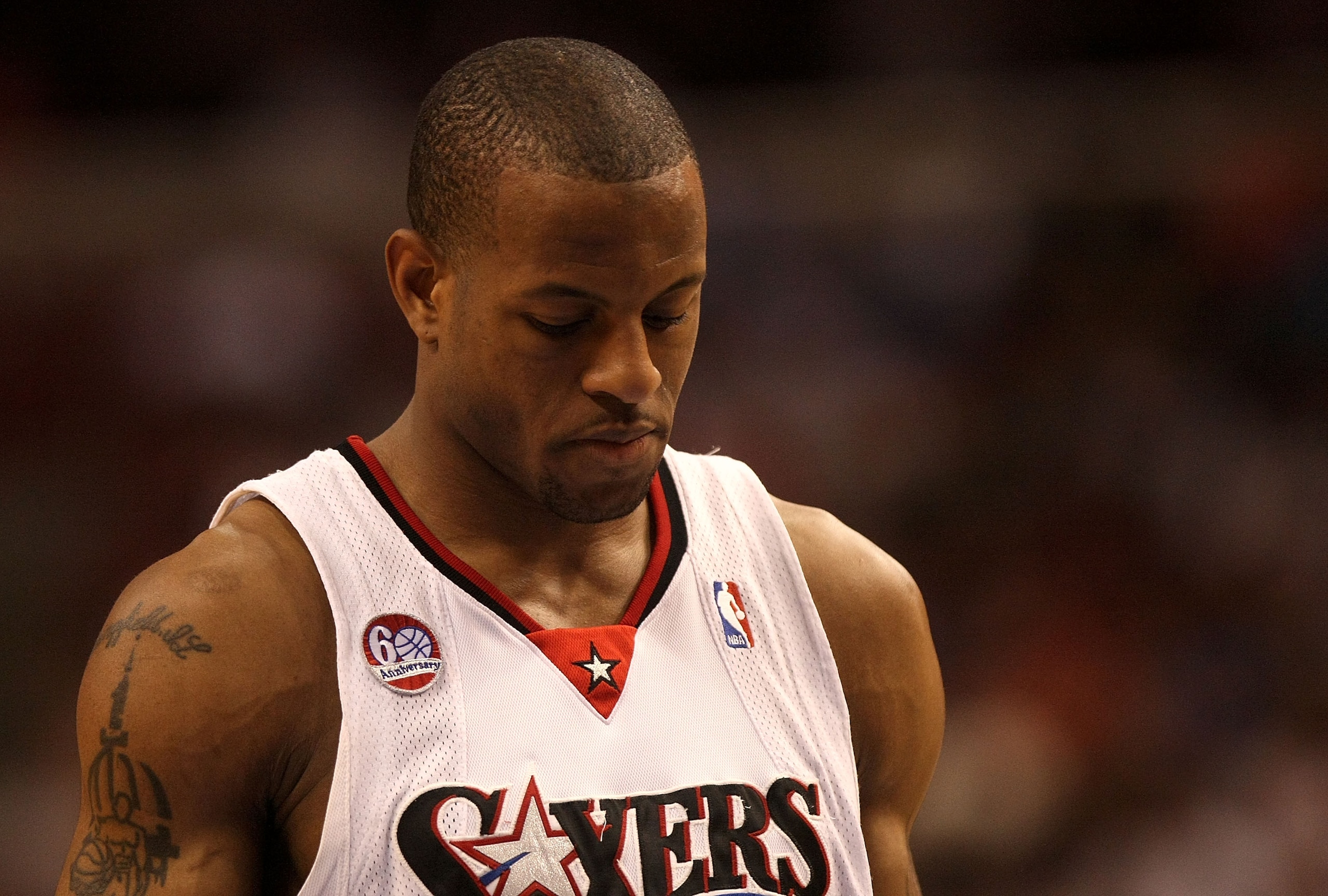 PHILADELPHIA - APRIL 30:  Andre Iguodala #9 of the Philadelphia 76ers looks down as he waits to take a free throw against the Orlando Magic during Game Six of the Eastern Conference Quarterfinals at Wachovia Center on April 30, 2009 in Philadelphia, Penns