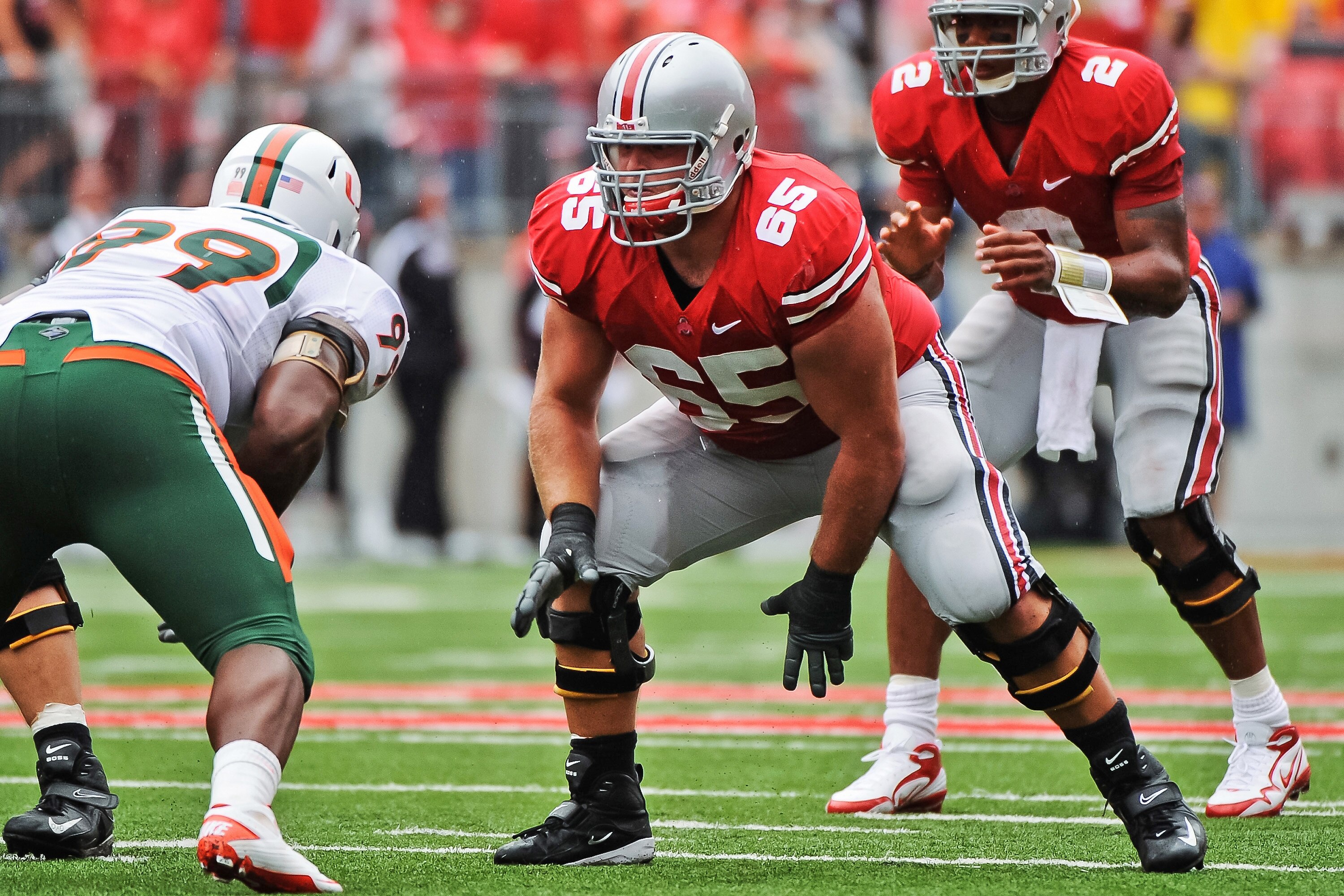 COLUMBUS, OH - SEPTEMBER 11: Justin Boren #65 of the Ohio State Buckeyes blocks against the Miami Hurricanes at Ohio Stadium on September 11, 2010 in Columbus, Ohio. (Photo by Jamie Sabau/Getty Images) COLUMBUS, OH - SEPTEMBER 11: Justin Boren #65 of the Ohio State Buckeyes blocks against the Miami Hurricanes at Ohio Stadium on September 11, 2010 in Columbus, Ohio. (Photo by Jamie Sabau/Getty Images)