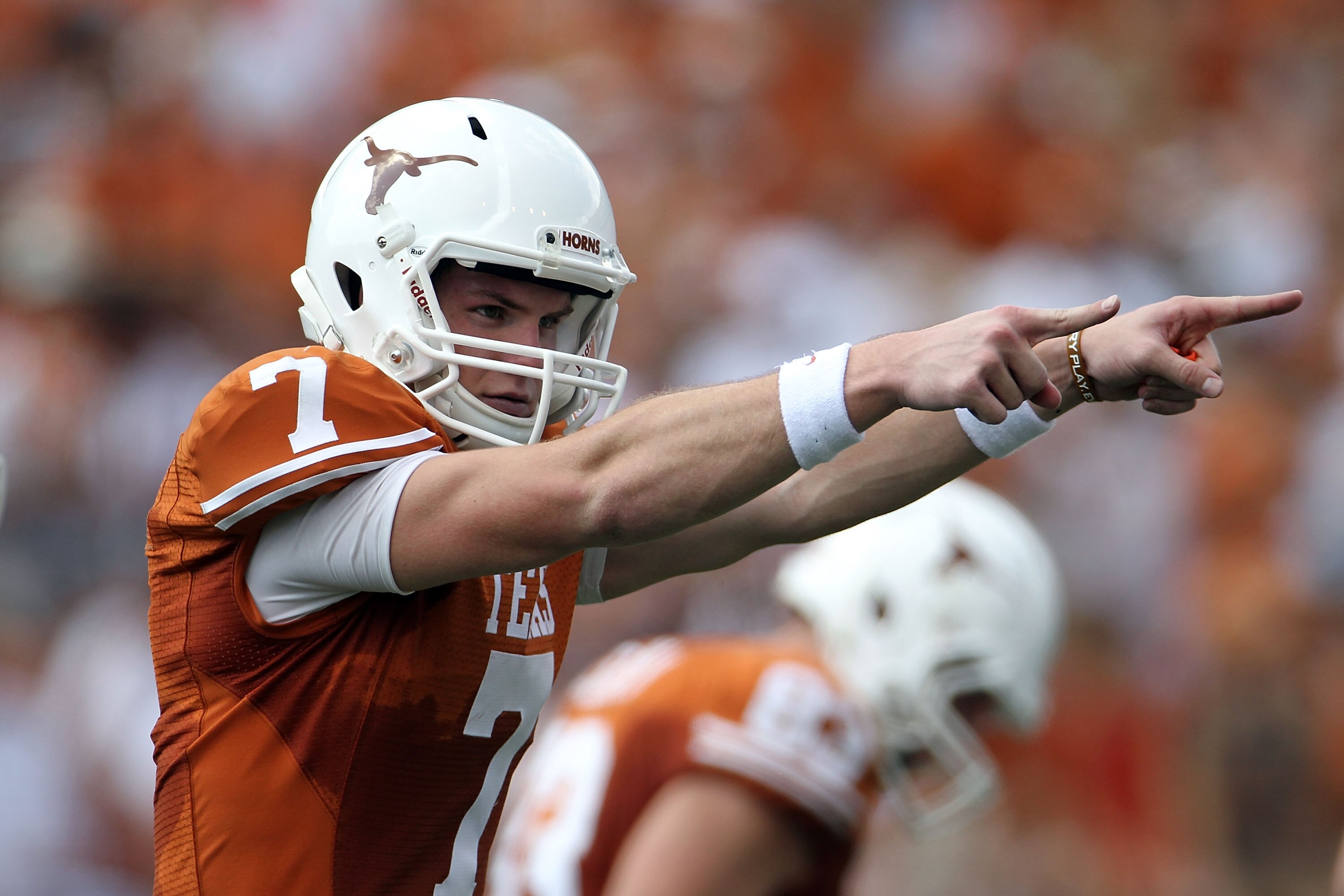 AUSTIN, TX - SEPTEMBER 25:  Quarterback Garrett Gilbert #7 of the Texas Longhorns during the first quarter against the UCLA Bruins at Darrell K Royal-Texas Memorial Stadium on September 25, 2010 in Austin, Texas.  (Photo by Ronald Martinez/Getty Images)