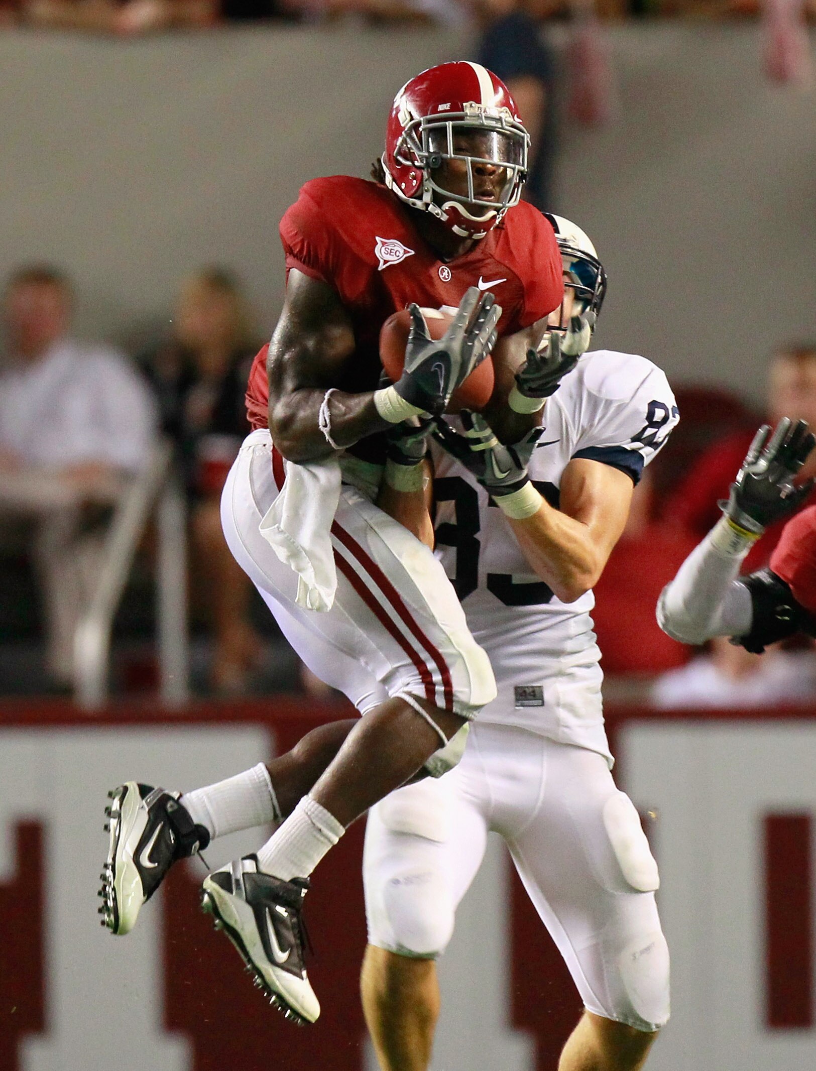 TUSCALOOSA, AL - SEPTEMBER 11: Mark Barron #4 of the Alabama Crimson Tide intercepts a pass intended for Brett Brackett #83 of the Penn State Nittany Lions at Bryant-Denny Stadium on September 11, 2010 in Tuscaloosa, Alabama. (Photo by Kevin C. Cox/Gett TUSCALOOSA, AL - SEPTEMBER 11: Mark Barron #4 of the Alabama Crimson Tide intercepts a pass intended for Brett Brackett #83 of the Penn State Nittany Lions at Bryant-Denny Stadium on September 11, 2010 in Tuscaloosa, Alabama. (Photo by Kevin C. Cox/Gett