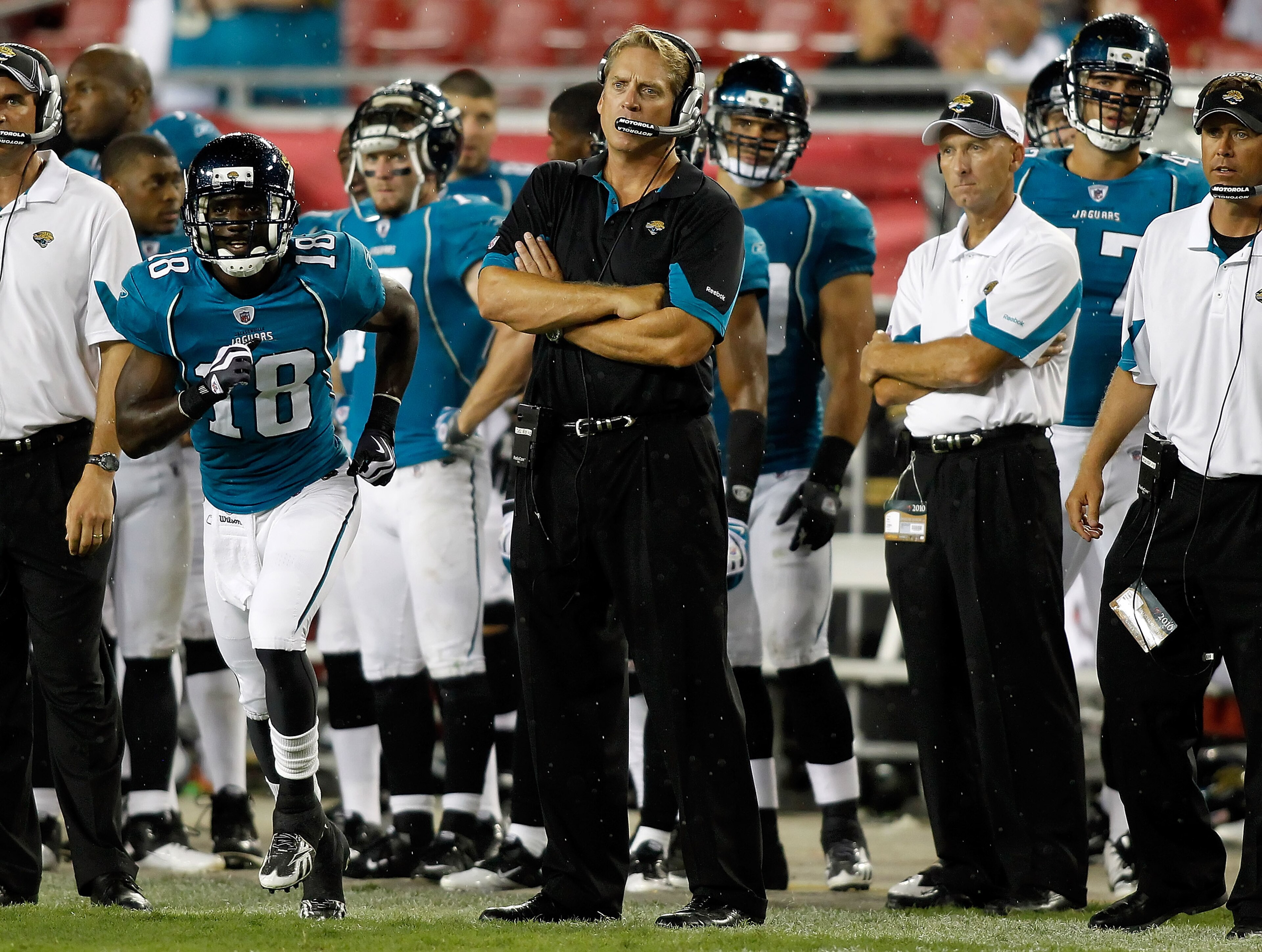 TAMPA, FL - AUGUST 28:  Head coach Jack Del Rio of the Jacksonville Jaguars watches his team play against the Tampa Bay Buccaneers during a preseason game at Raymond James Stadium on August 28, 2010 in Tampa, Florida.  (Photo by J. Meric/Getty Images)