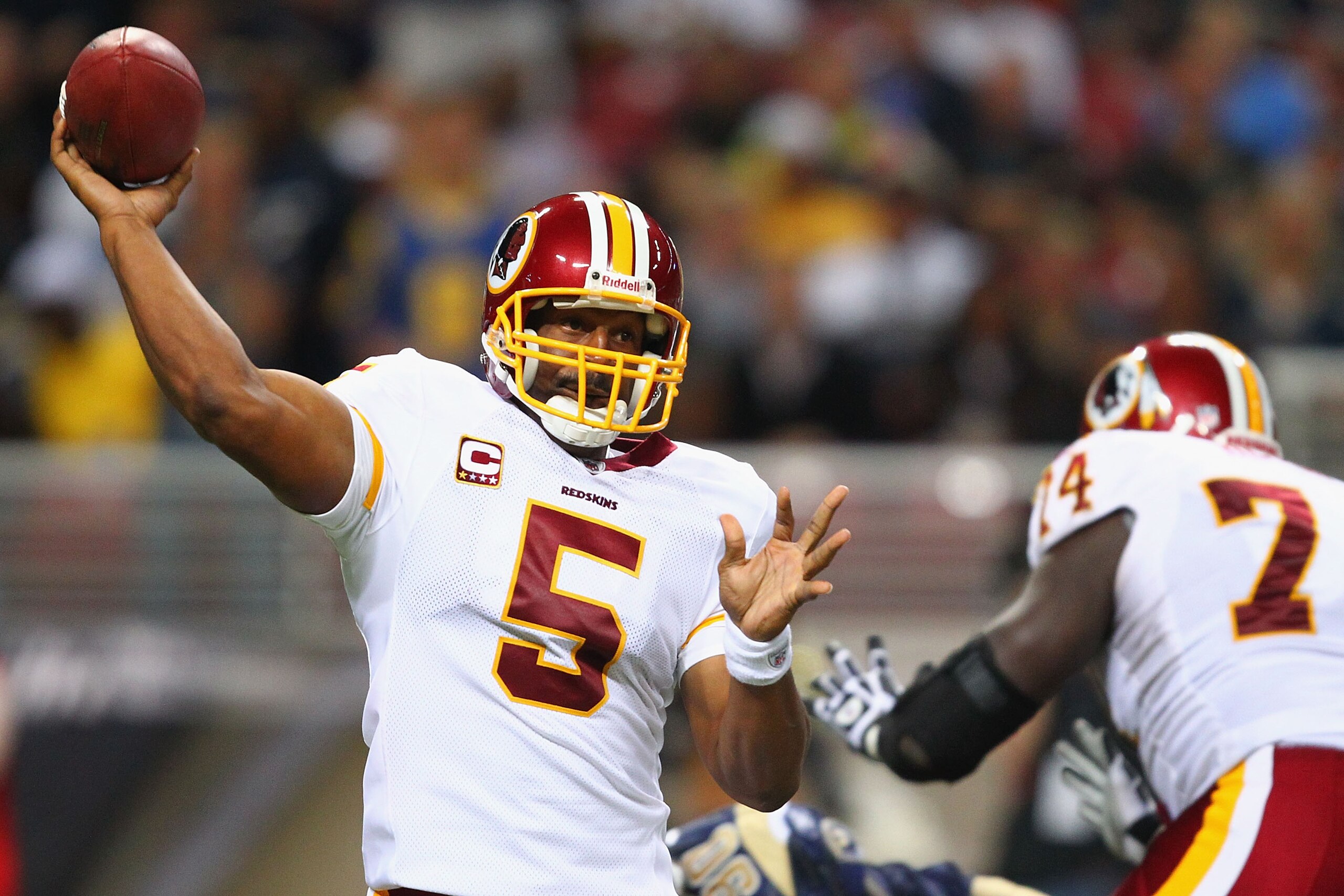 ST. LOUIS - SEPTEMBER 26: Donavan McNabb #5 of the Washington Redskins passes against the St. Louis Rams at the Edward Jones Dome on September 26, 2010 in St. Louis, Missouri. The Rams beat the Redskins 30-16. (Photo by Dilip Vishwanat/Getty Images) ST. LOUIS - SEPTEMBER 26: Donavan McNabb #5 of the Washington Redskins passes against the St. Louis Rams at the Edward Jones Dome on September 26, 2010 in St. Louis, Missouri. The Rams beat the Redskins 30-16. (Photo by Dilip Vishwanat/Getty Images)
