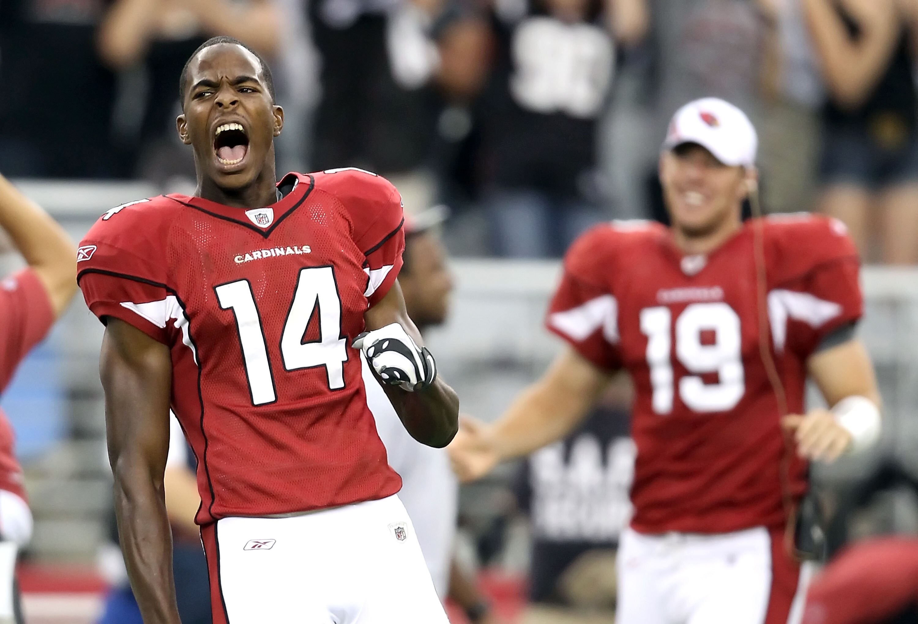 GLENDALE, AZ - SEPTEMBER 26: Wide receiver Stephen Williams #14 of the Arizona Cardinals celebrates after defeating the Oakland Raiders in the NFL game at the University of Phoenix Stadium on September 26, 2010 in Glendale, Arizona. The Cardinals defeate GLENDALE, AZ - SEPTEMBER 26: Wide receiver Stephen Williams #14 of the Arizona Cardinals celebrates after defeating the Oakland Raiders in the NFL game at the University of Phoenix Stadium on September 26, 2010 in Glendale, Arizona. The Cardinals defeate