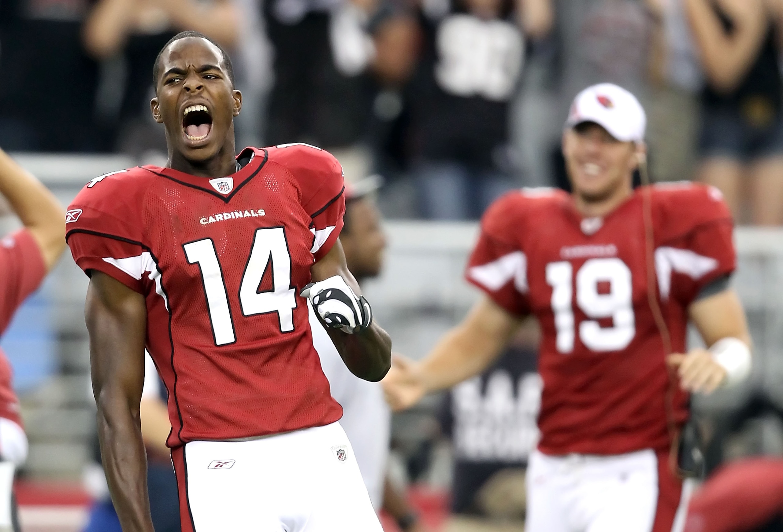 GLENDALE, AZ - SEPTEMBER 26: Wide receiver Stephen Williams #14 of the Arizona Cardinals celebrates after defeating the Oakland Raiders in the NFL game at the University of Phoenix Stadium on September 26, 2010 in Glendale, Arizona. The Cardinals defeate GLENDALE, AZ - SEPTEMBER 26: Wide receiver Stephen Williams #14 of the Arizona Cardinals celebrates after defeating the Oakland Raiders in the NFL game at the University of Phoenix Stadium on September 26, 2010 in Glendale, Arizona. The Cardinals defeate