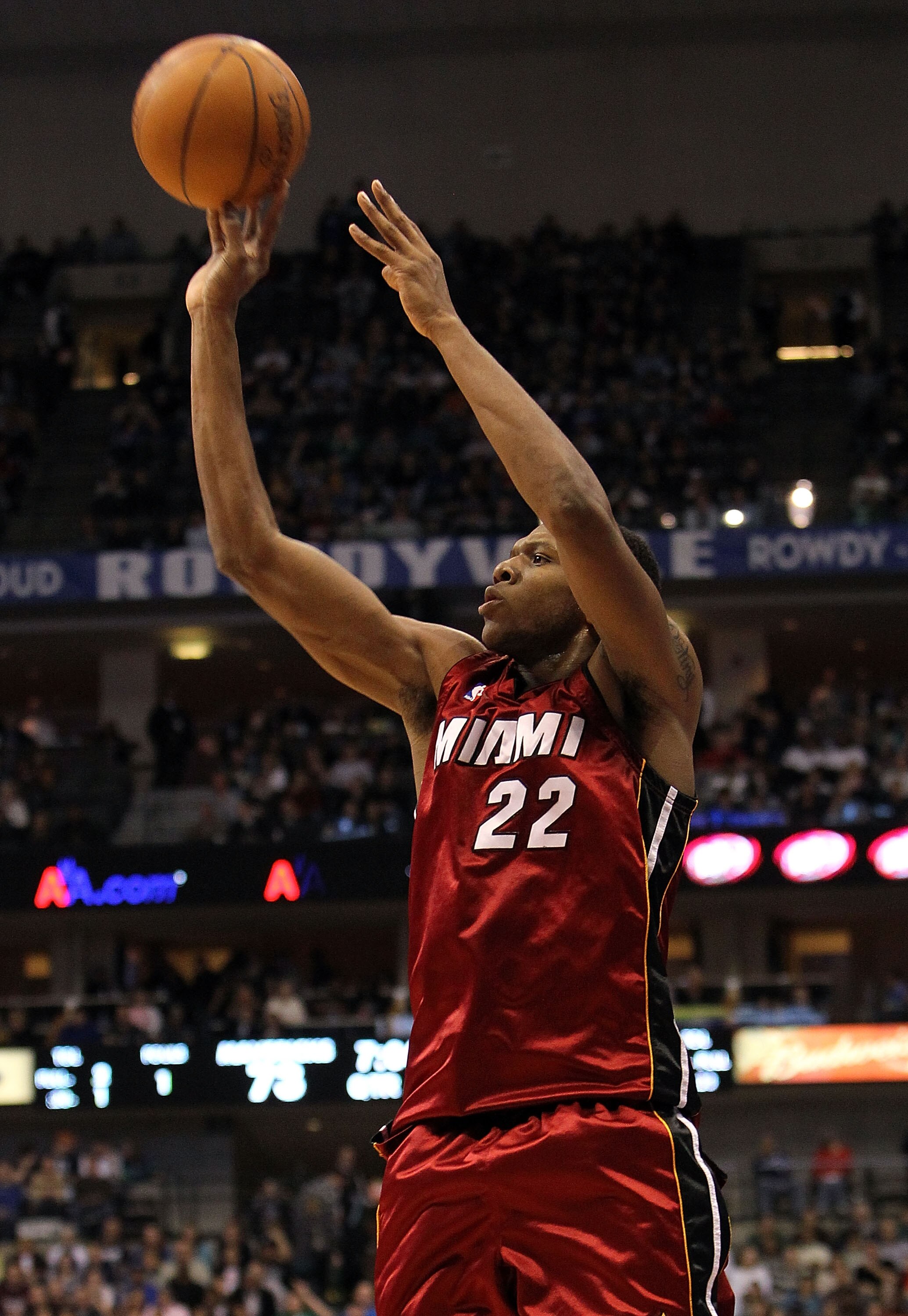 DALLAS - FEBRUARY 20:  Forward James Jones #22 of the Miami Heat takes a shot against the Dallas Mavericks on February 20, 2010 at American Airlines Center in Dallas, Texas.  NOTE TO USER: User expressly acknowledges and agrees that, by downloading and/or