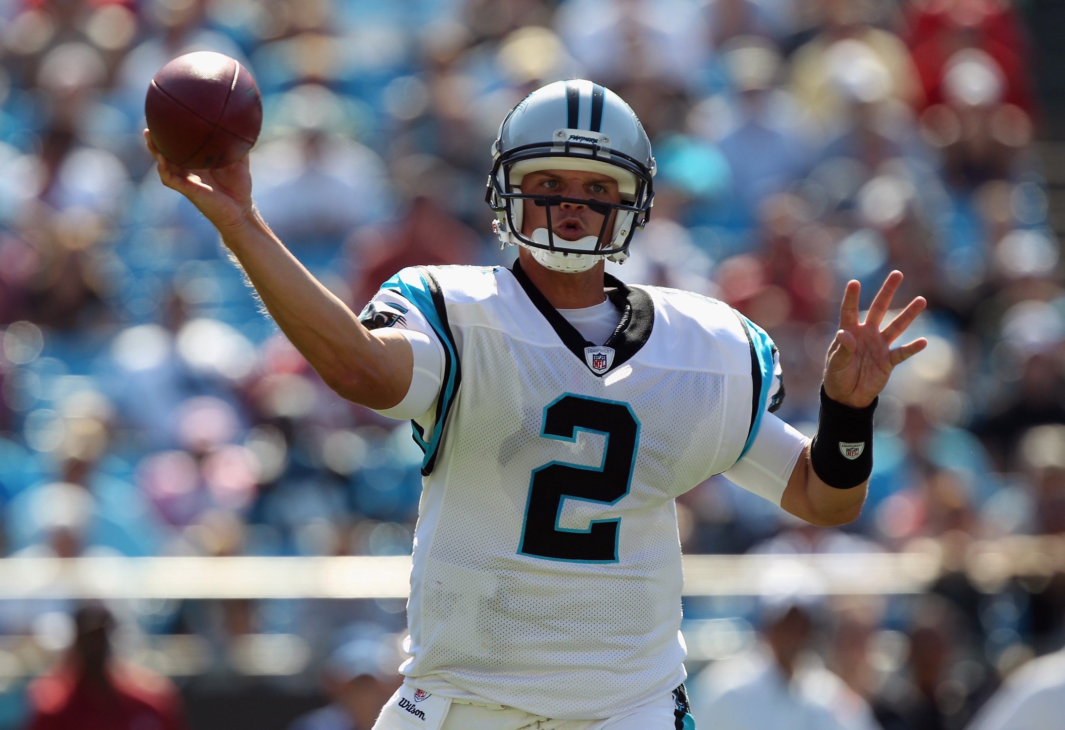 CHARLOTTE, NC - SEPTEMBER 19:  Jimmy Clausen #2 of the Carolina Panthers against the Tampa Bay Buccaneers during their game at Bank of America Stadium on September 19, 2010 in Charlotte, North Carolina.  (Photo by Streeter Lecka/Getty Images)