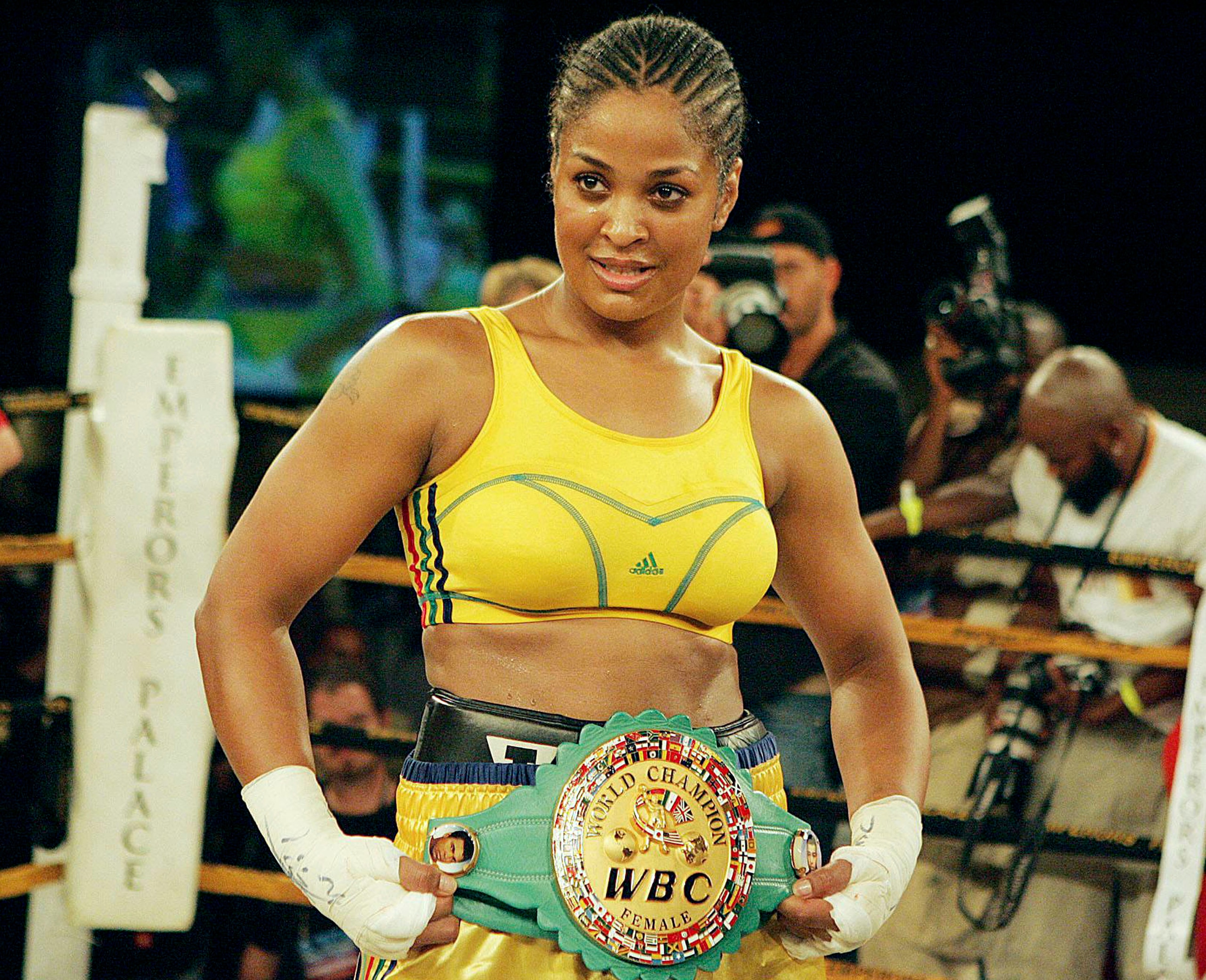 JOHANNESBURG, SOUTH AFRICA - 3 February 2007, Lalia Ali holding her belt after winning in 55 seconds during the WBC/WIBA Super Middleweight World Title bout between Lalia Ali (USA) and Gwendolyn O Neil (Guyana) at Emperors Palace in Johannesburg, South A JOHANNESBURG, SOUTH AFRICA - 3 February 2007, Lalia Ali holding her belt after winning in 55 seconds during the WBC/WIBA Super Middleweight World Title bout between Lalia Ali (USA) and Gwendolyn O Neil (Guyana) at Emperors Palace in Johannesburg, South A