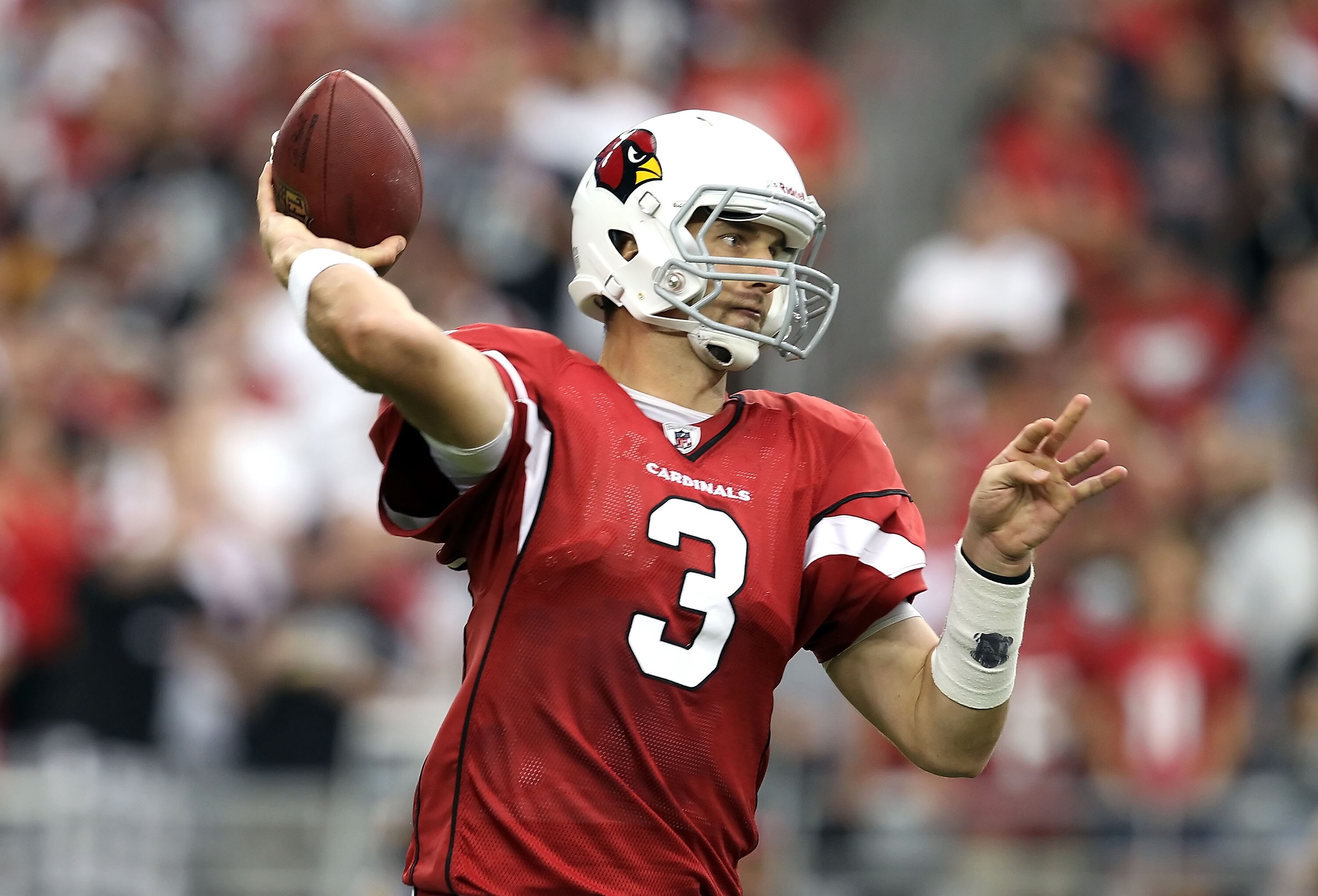 GLENDALE, AZ - SEPTEMBER 26:  Quarterback Derek Anderson #3 of the Arizona Cardinals throws a pass during the NFL game against the Oakland Raiders at the University of Phoenix Stadium on September 26, 2010 in Glendale, Arizona.  The Cardinals defeated the