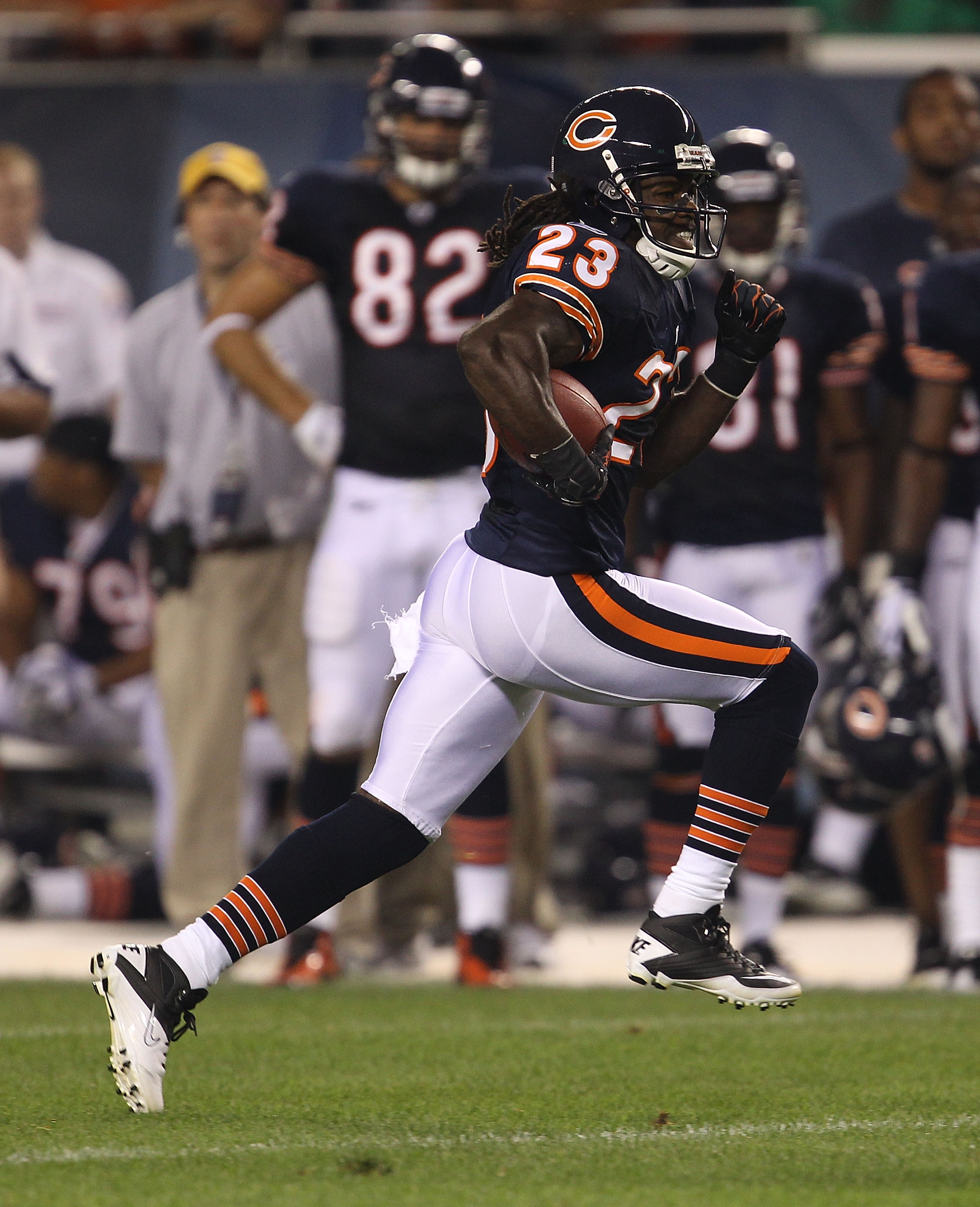 CHICAGO - AUGUST 21: Devin Hester #23 of the Chicago Bears runs after catching a pass against the Oakland Raiders during a preseason game at Soldier Field on August 21, 2010 in Chicago, Illinois. The Raiders defeated the Bears 32-17. (Photo by Jonathan Da