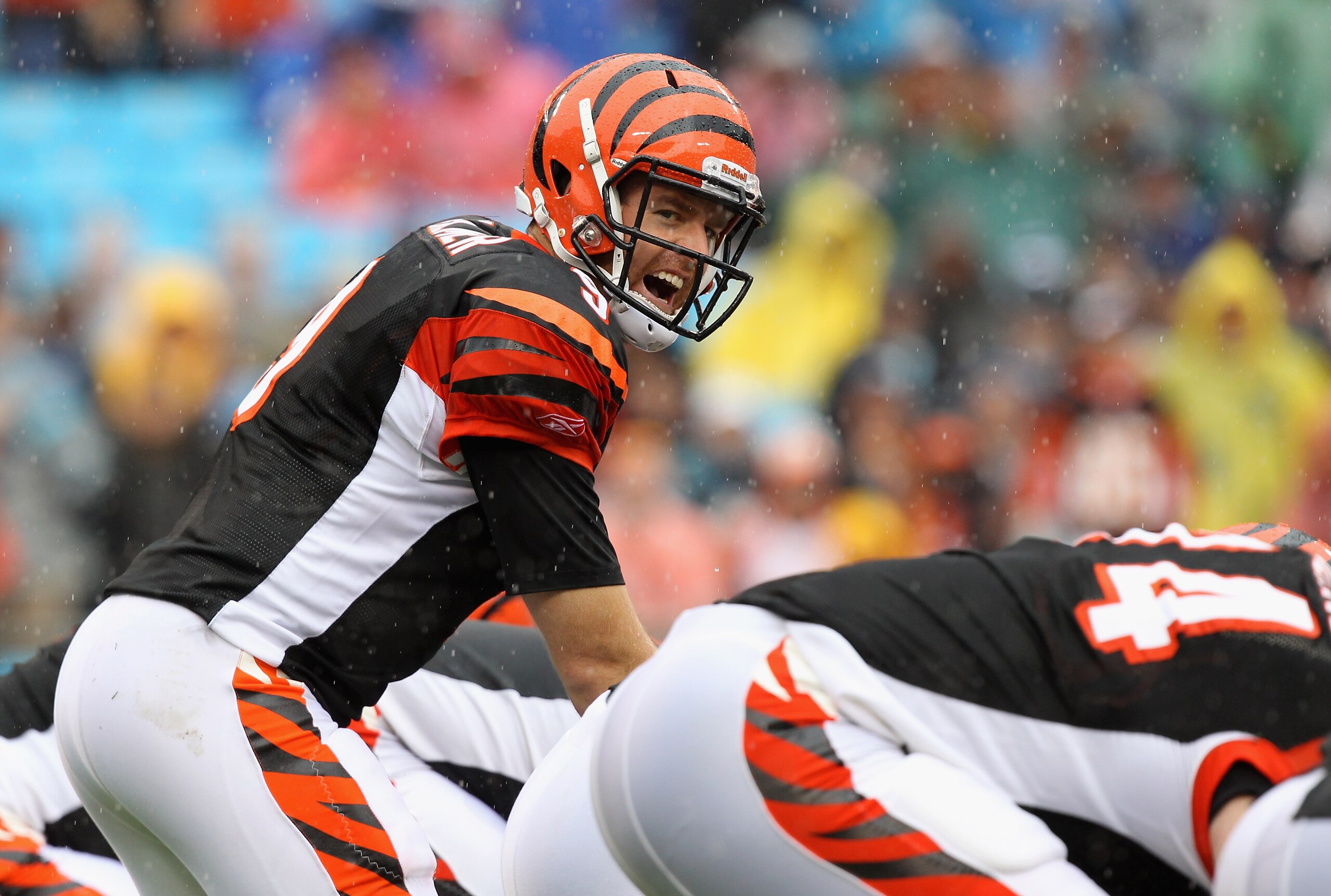 CHARLOTTE, NC - SEPTEMBER 26:  Carson Palmer #9 of the Cincinnati Bengals calls out a play against the Carolina Panthers during their game at Bank of America Stadium on September 26, 2010 in Charlotte, North Carolina.  (Photo by Streeter Lecka/Getty Image