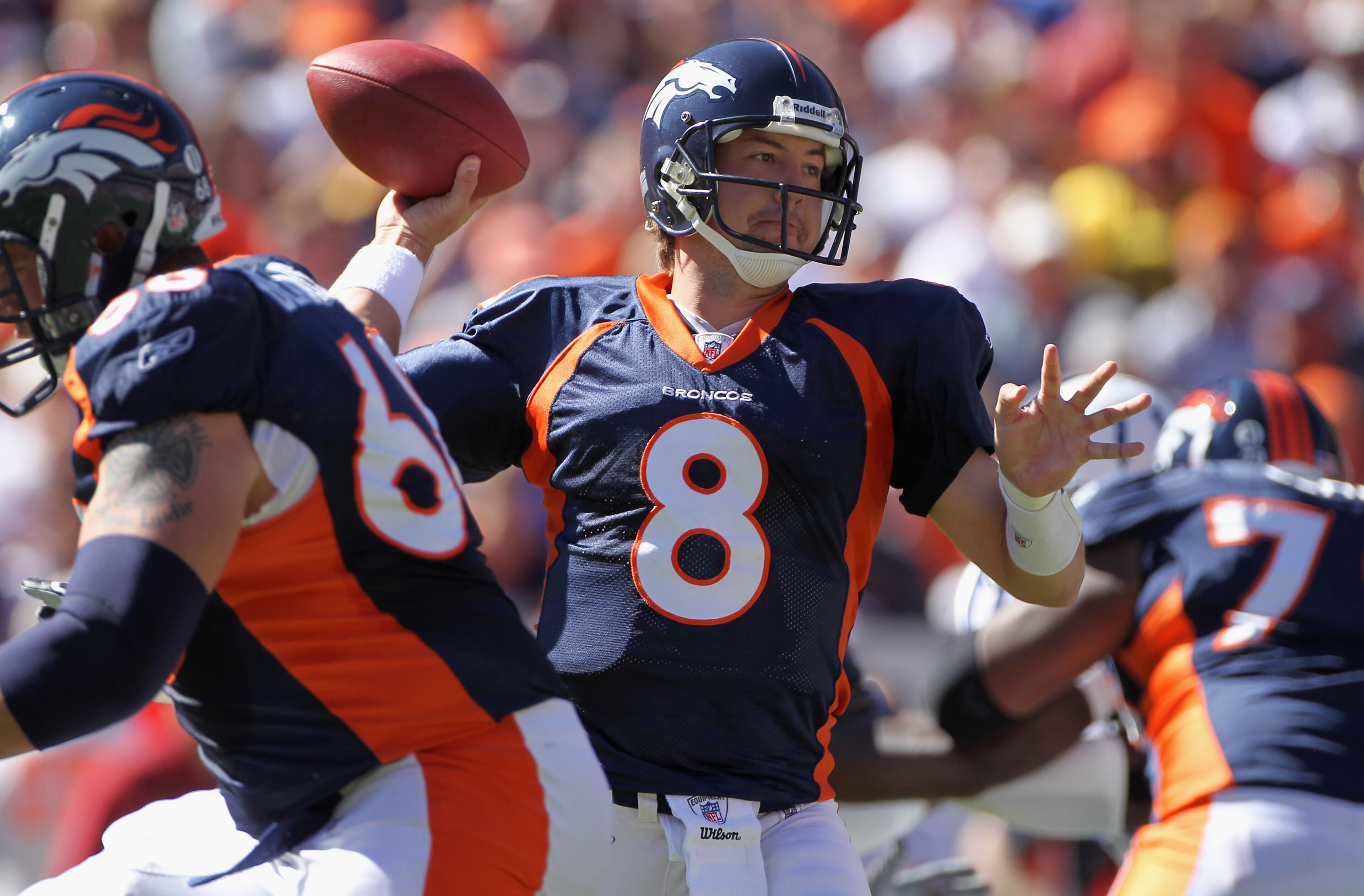 DENVER - SEPTEMBER 26:  Quarterback Kyle Orton #8 of the Denver Broncos delivers a pass against the Indianapolis Colts at INVESCO Field at Mile High on September 26, 2010 in Denver, Colorado.  (Photo by Doug Pensinger/Getty Images)