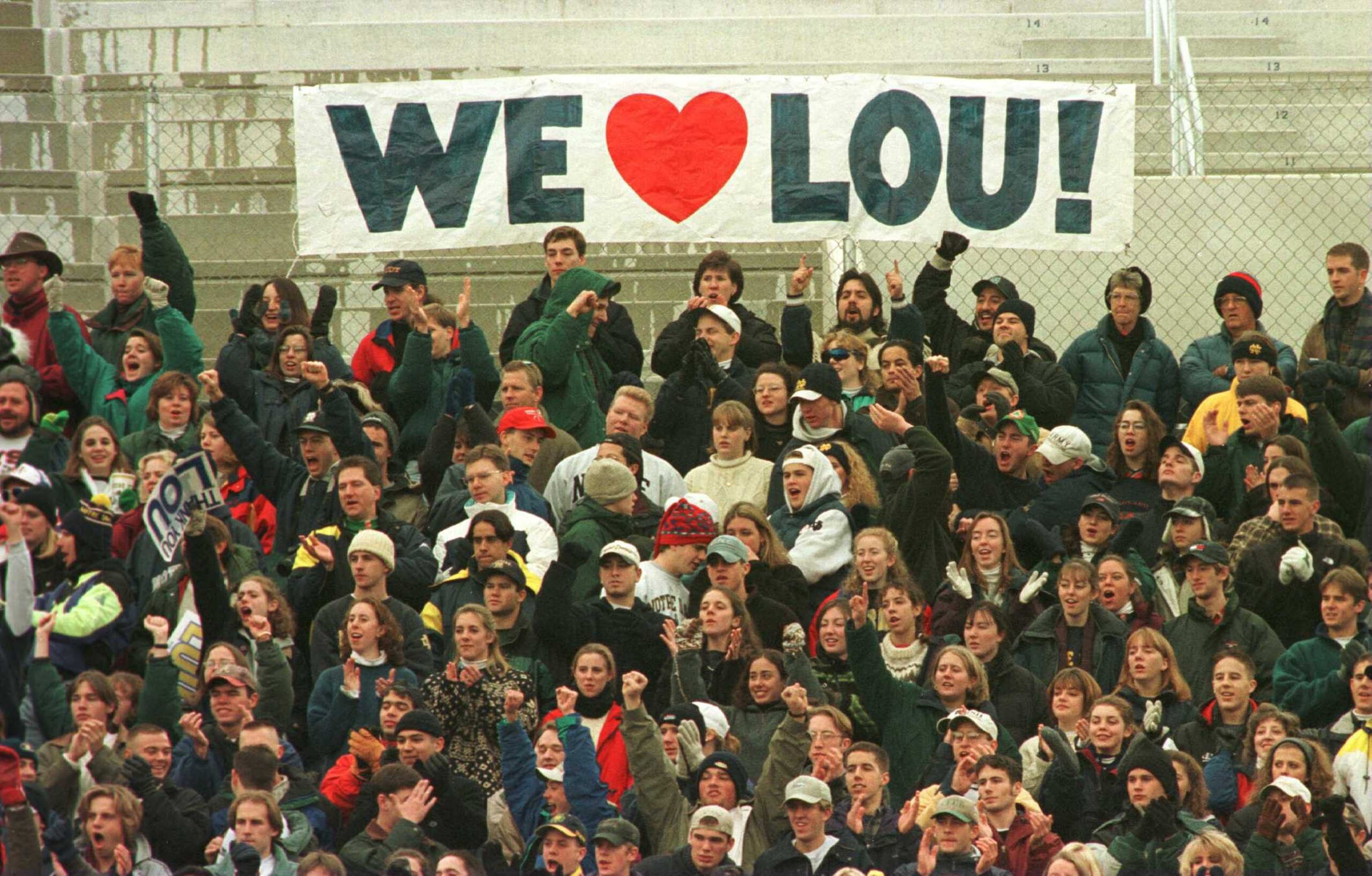 23 Nov 1996: Fans of the Notre Dame Fighting Irish sit in the Notre Dame student section display their affection for head coach Lou Holtz as he coaches his last home game in the Irish''s match up against the Rutgers Scarlet Knights at Notre Dame Stadium 23 Nov 1996: Fans of the Notre Dame Fighting Irish sit in the Notre Dame student section display their affection for head coach Lou Holtz as he coaches his last home game in the Irish''s match up against the Rutgers Scarlet Knights at Notre Dame Stadium