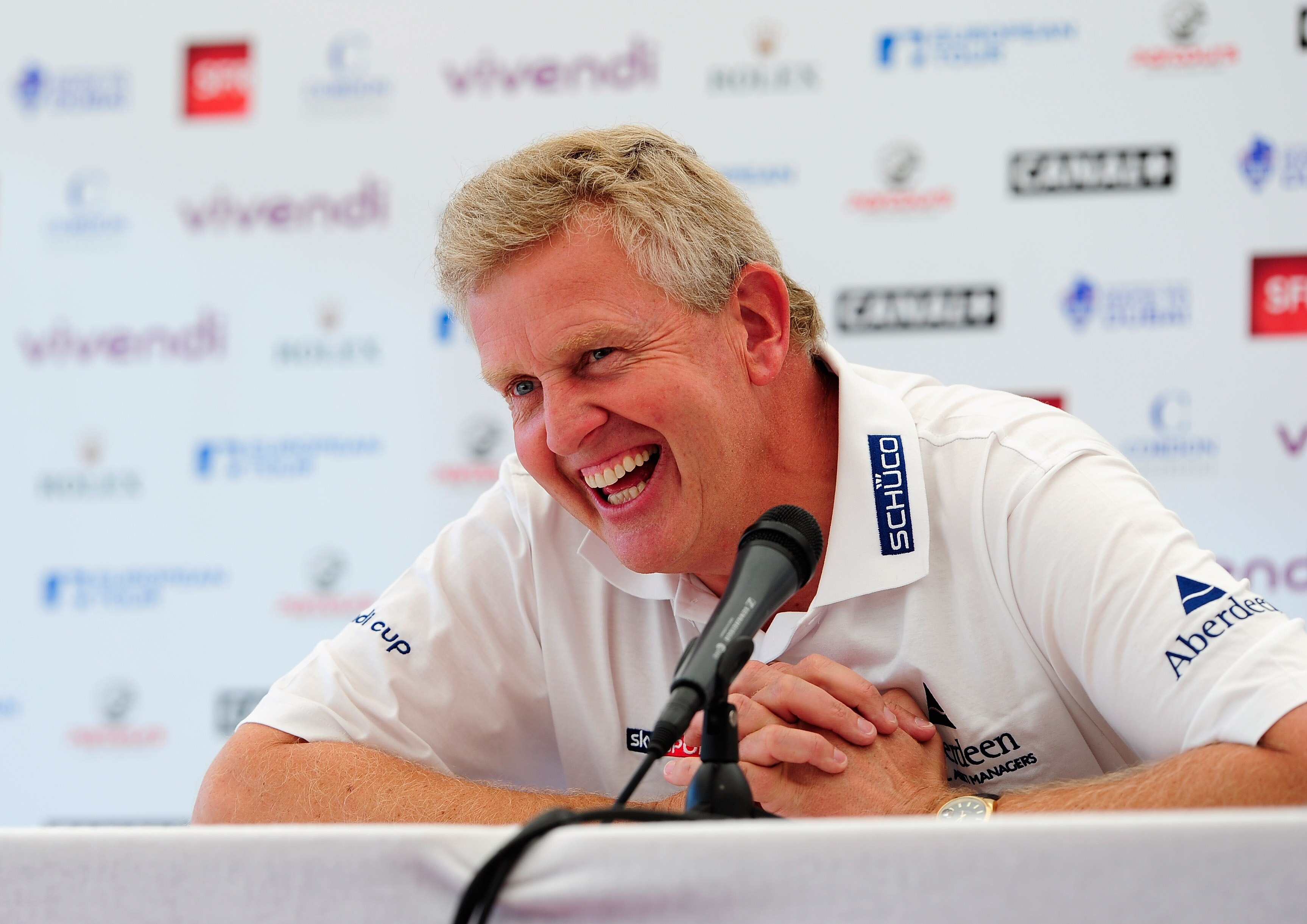 PARIS - SEPTEMBER 22:  Ryder Cup captain Colin Montgomerie of Scotland addresses members of the media during a press conference prior to the pro - am for the Vivendi cup at Golf de Joyenval on September 22, 2010 in Paris, France.  (Photo by Stuart Frankli