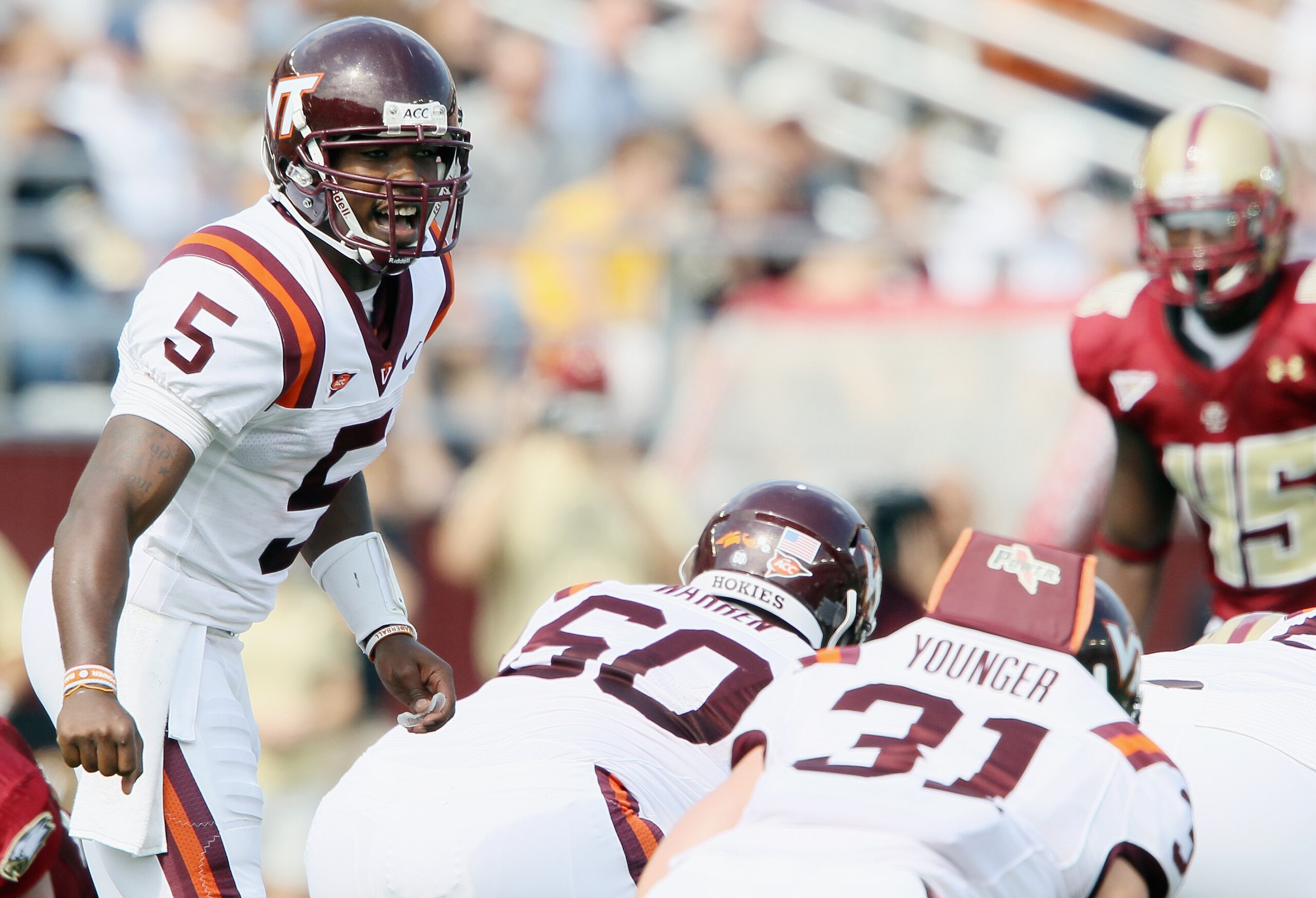 CHESTNUT HILL, MA - SEPTEMBER 25: Tyrod Taylor #5 of the Virginia Tech Hokies calls out the play in the first quarter against the Boston College Eagles on September 25, 2010 at Alumni Stadium in Chestnut Hill, Massachusetts. (Photo by Elsa/Getty Images) CHESTNUT HILL, MA - SEPTEMBER 25: Tyrod Taylor #5 of the Virginia Tech Hokies calls out the play in the first quarter against the Boston College Eagles on September 25, 2010 at Alumni Stadium in Chestnut Hill, Massachusetts. (Photo by Elsa/Getty Images)