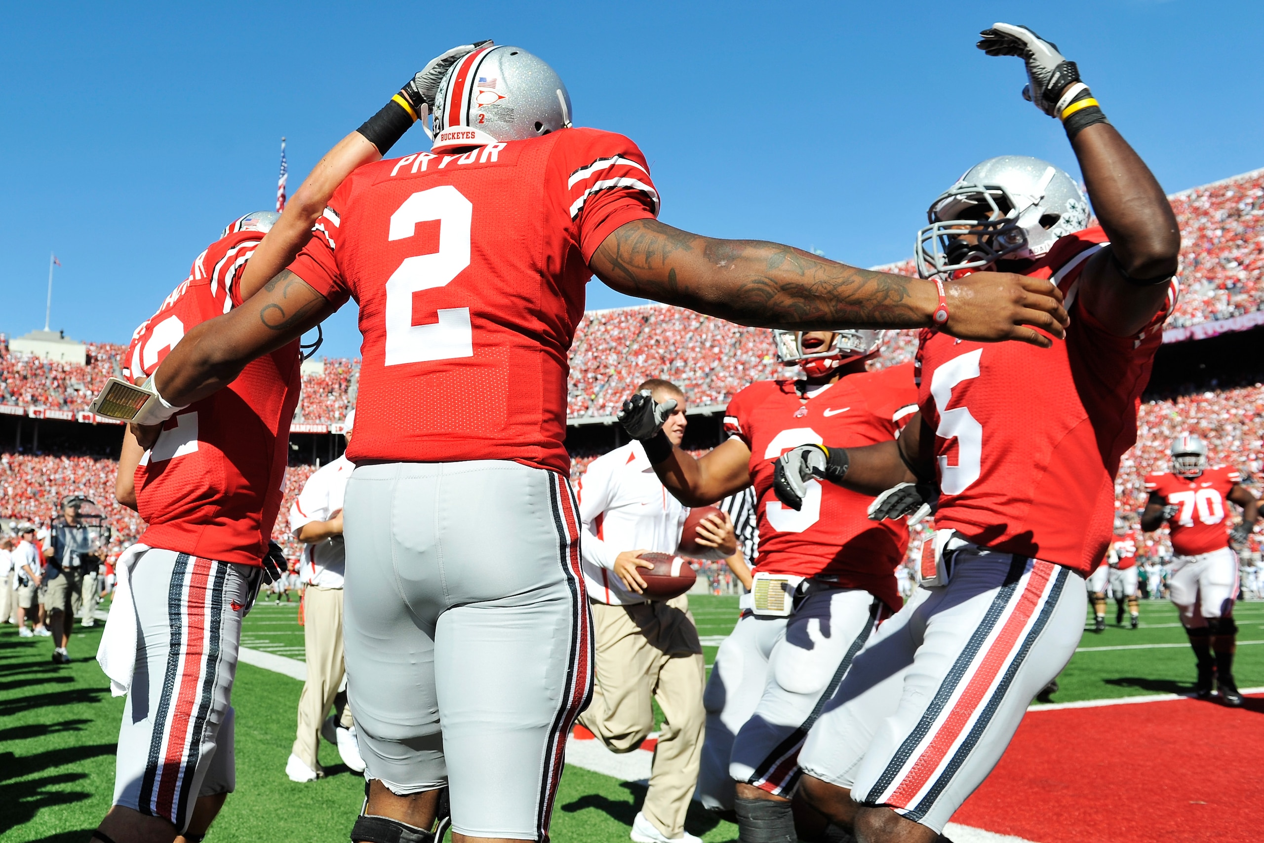 COLUMBUS, OH - SEPTEMBER 25:  Terrelle Pryor #2 of the Ohio State Buckeyes celebrates his 53-yard touchdown run against the Eastern Michigan Eagles in the first quarter at Ohio Stadium on September 25, 2010 in Columbus, Ohio.  (Photo by Jamie Sabau/Getty