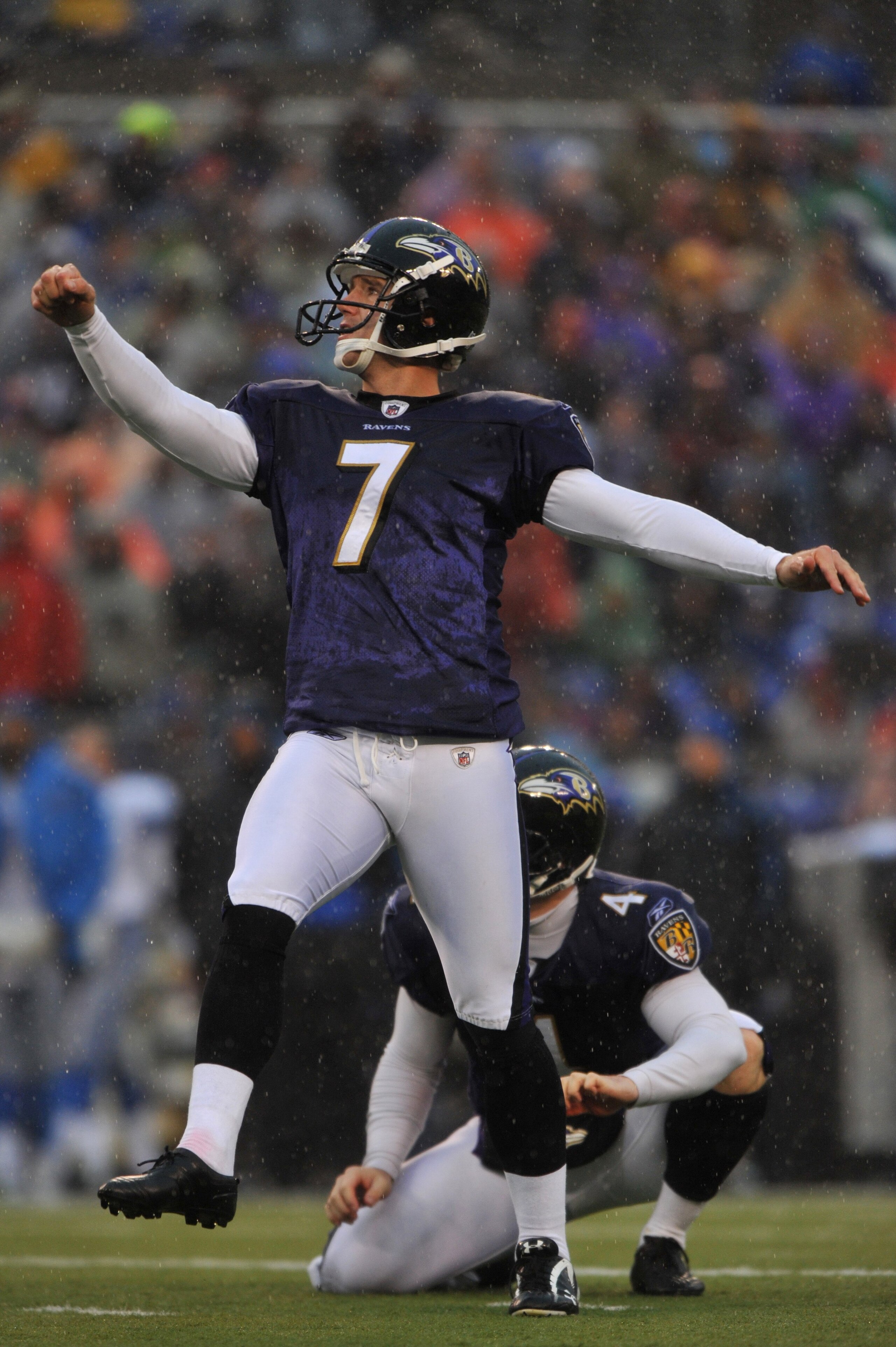 BALTIMORE - DECEMBER 13:  Billy Cundiff #7 of the Baltimore Ravens watches his kick during the game against the Detroit Lions at M&T Bank Stadium on December 13, 2009 in Baltimore, Maryland. The Ravens defeated the Lions 48-3. (Photo by Larry French/Getty