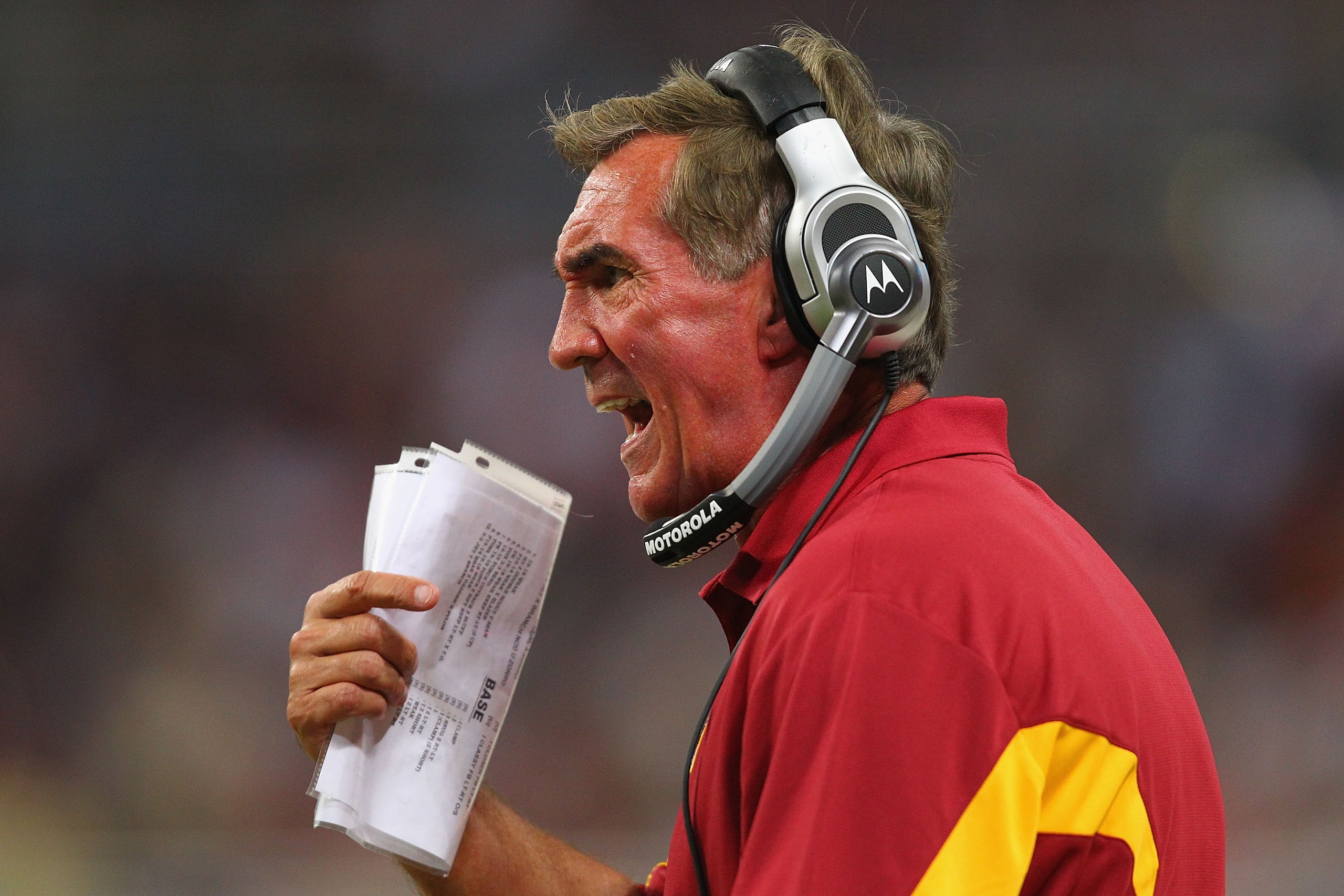 ST. LOUIS - SEPTEMBER 26: Head coach Mike Shanahan of the Washington Redskins yells at an official against the St. Louis Rams at the Edward Jones Dome on September 26, 2010 in St. Louis, Missouri.  The Rams beat the Redskins 30-16.  (Photo by Dilip Vishwa