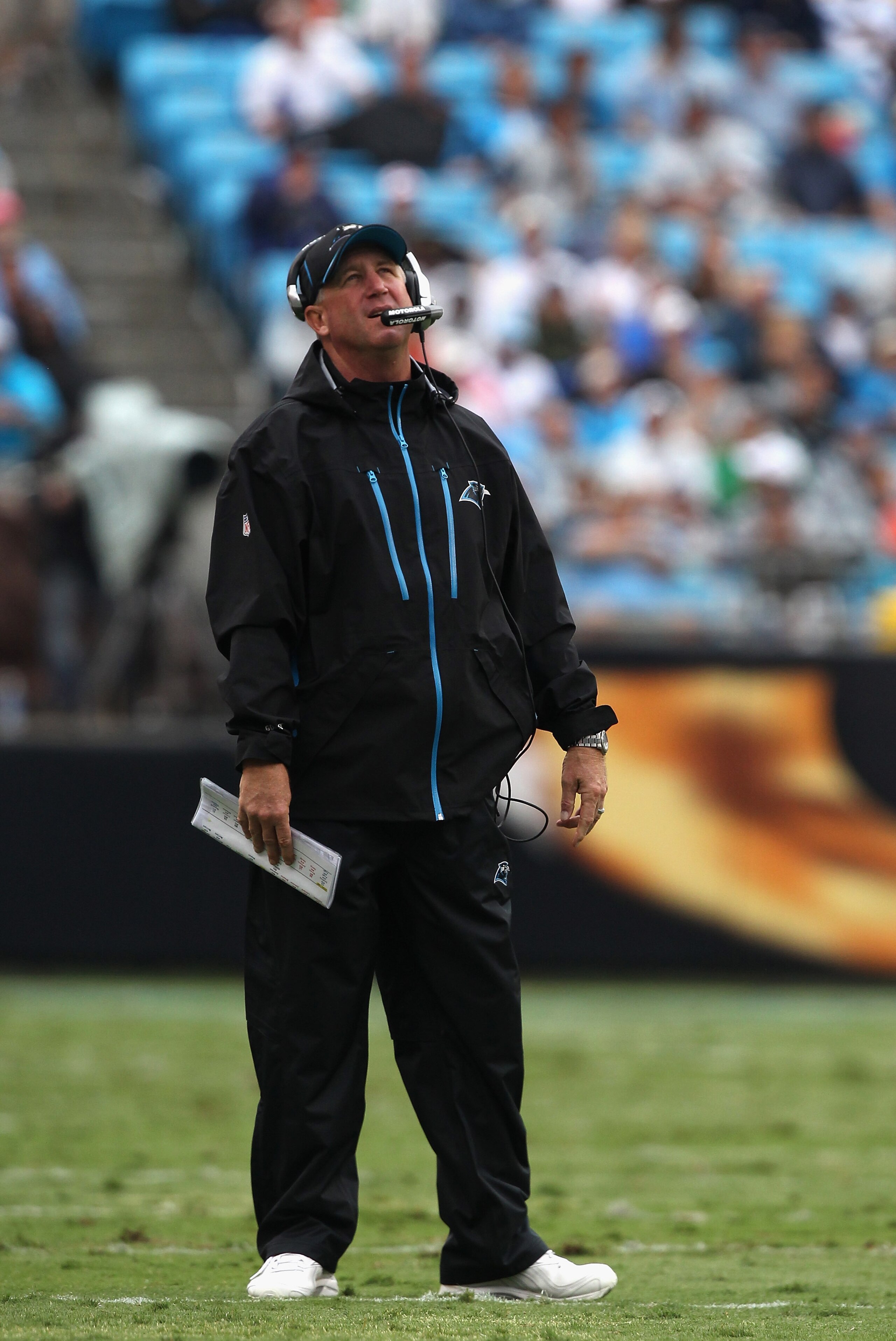 CHARLOTTE, NC - SEPTEMBER 26:  Head coach John Fox of the Carolina Panthers reacts to a call against the Cincinnati Bengals during their game at Bank of America Stadium on September 26, 2010 in Charlotte, North Carolina.  (Photo by Streeter Lecka/Getty Im