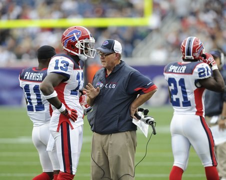Chan Gailey talks to his receivers in Patriots game
