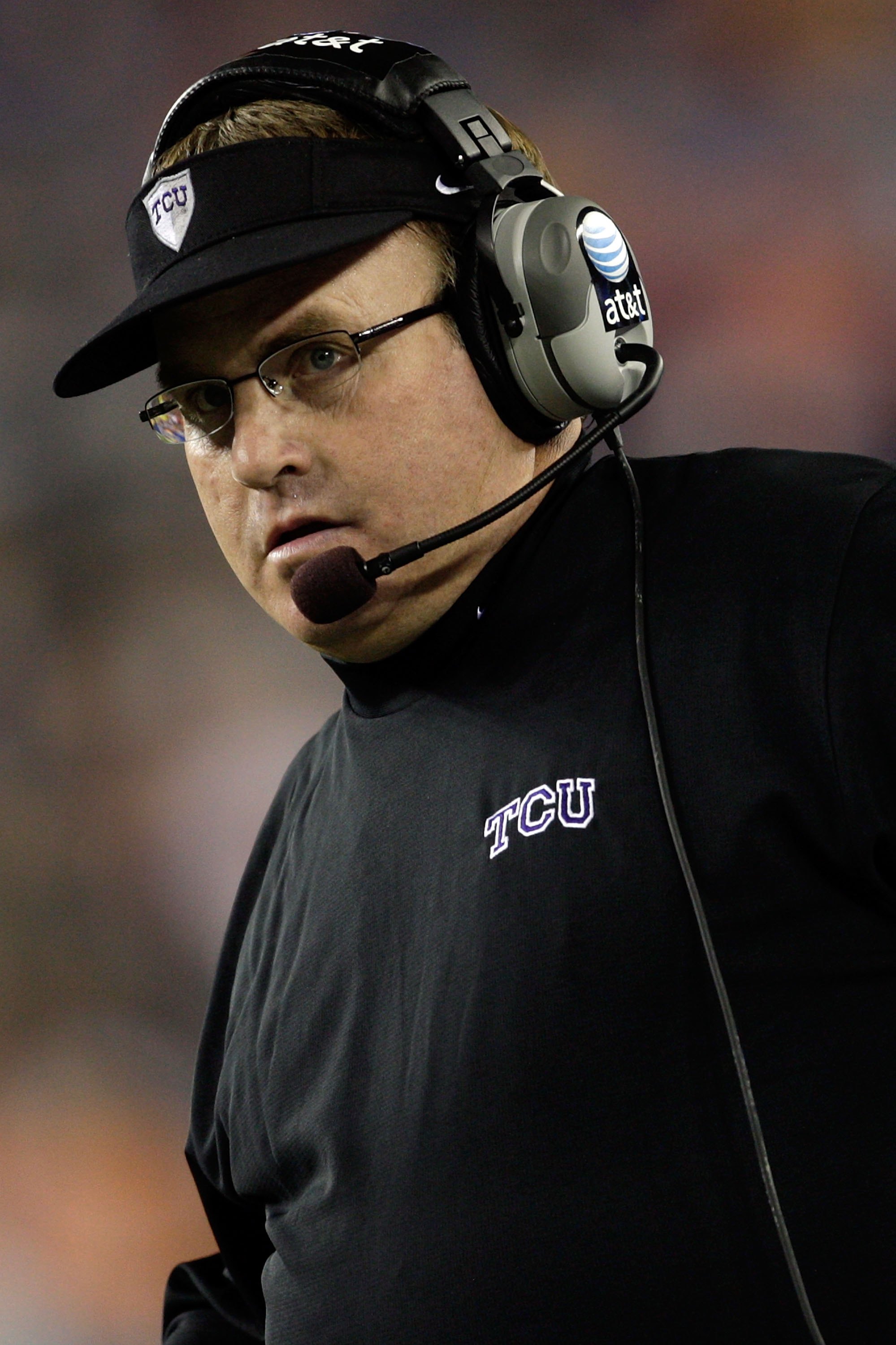 GLENDALE, AZ - JANUARY 04:  Head coach Gary Patterson of the TCU Horned Frogs looks on against the Boise State Broncos during the Tostitos Fiesta Bowl at the Universtity of Phoenix Stadium on January 4, 2010 in Glendale, Arizona.  (Photo by Jamie Squire/G