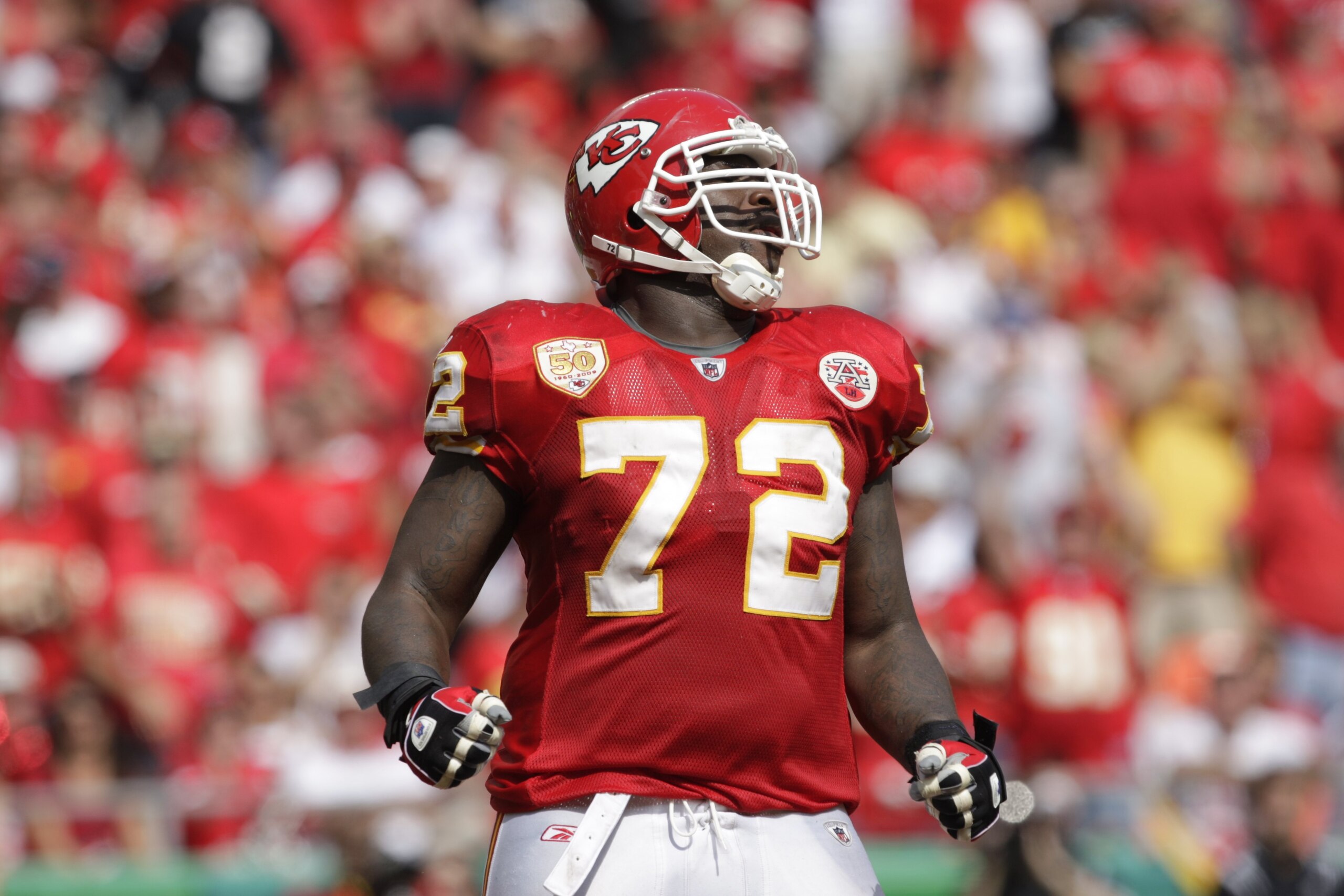 KANSAS CITY, MO - SEPTEMBER 20:  Glenn Dorsey #72 of the Kansas City Chiefs reacts during the game against the Oakland Raiders at Arrowhead Stadium on September 20, 2009 in Kansas City, Missouri. (Photo by Jamie Squire/Getty Images)