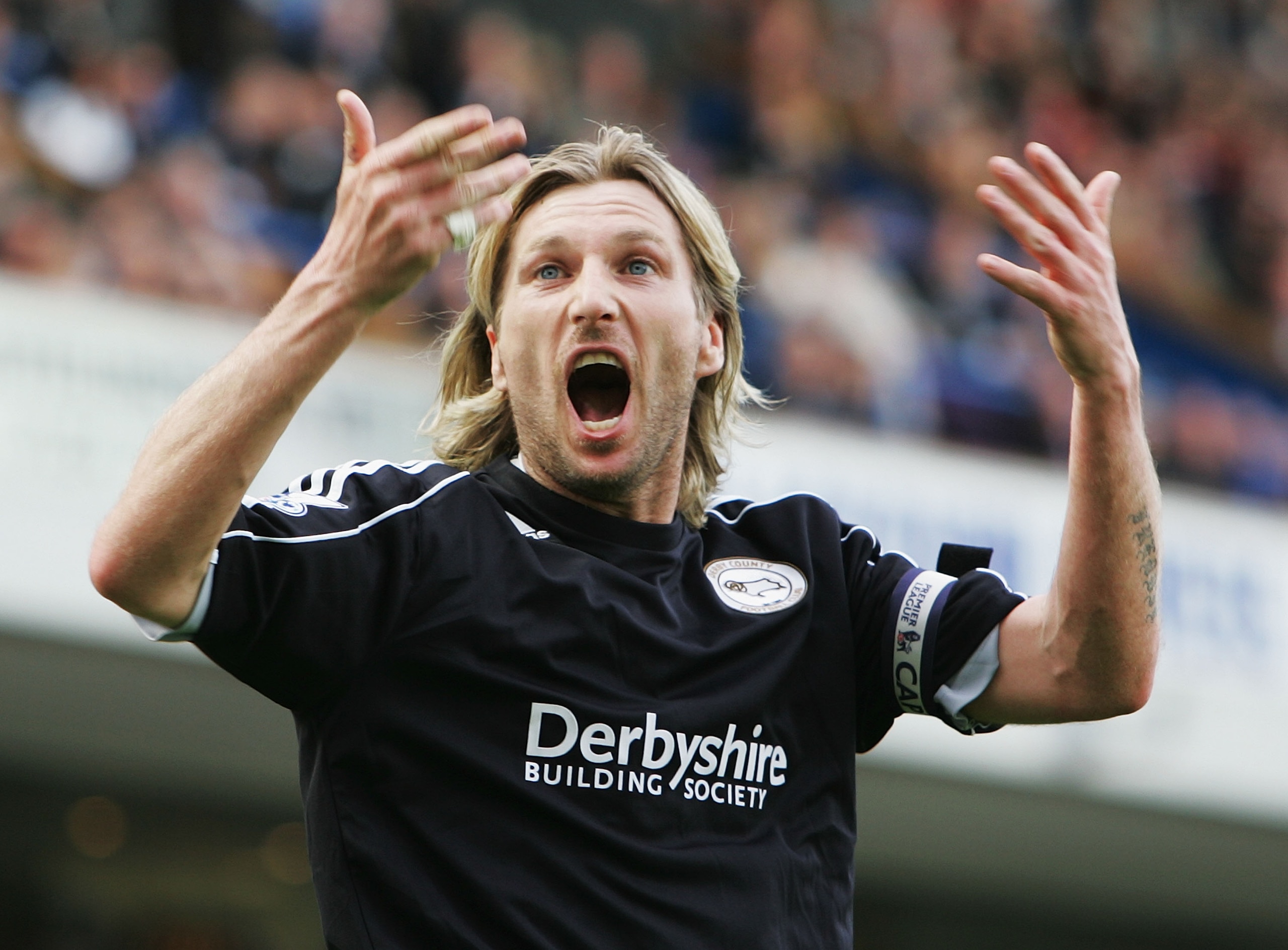 BLACKBURN, UNITED KINGDOM - MAY 03:  Robbie Savage of Derby asks the fans for some support during the Barclays Premier League match between Blackburn Rovers and Derby County at Ewood Park on May 3, 2008 in Blackburn, England.  (Photo by Matthew Lewis/Gett