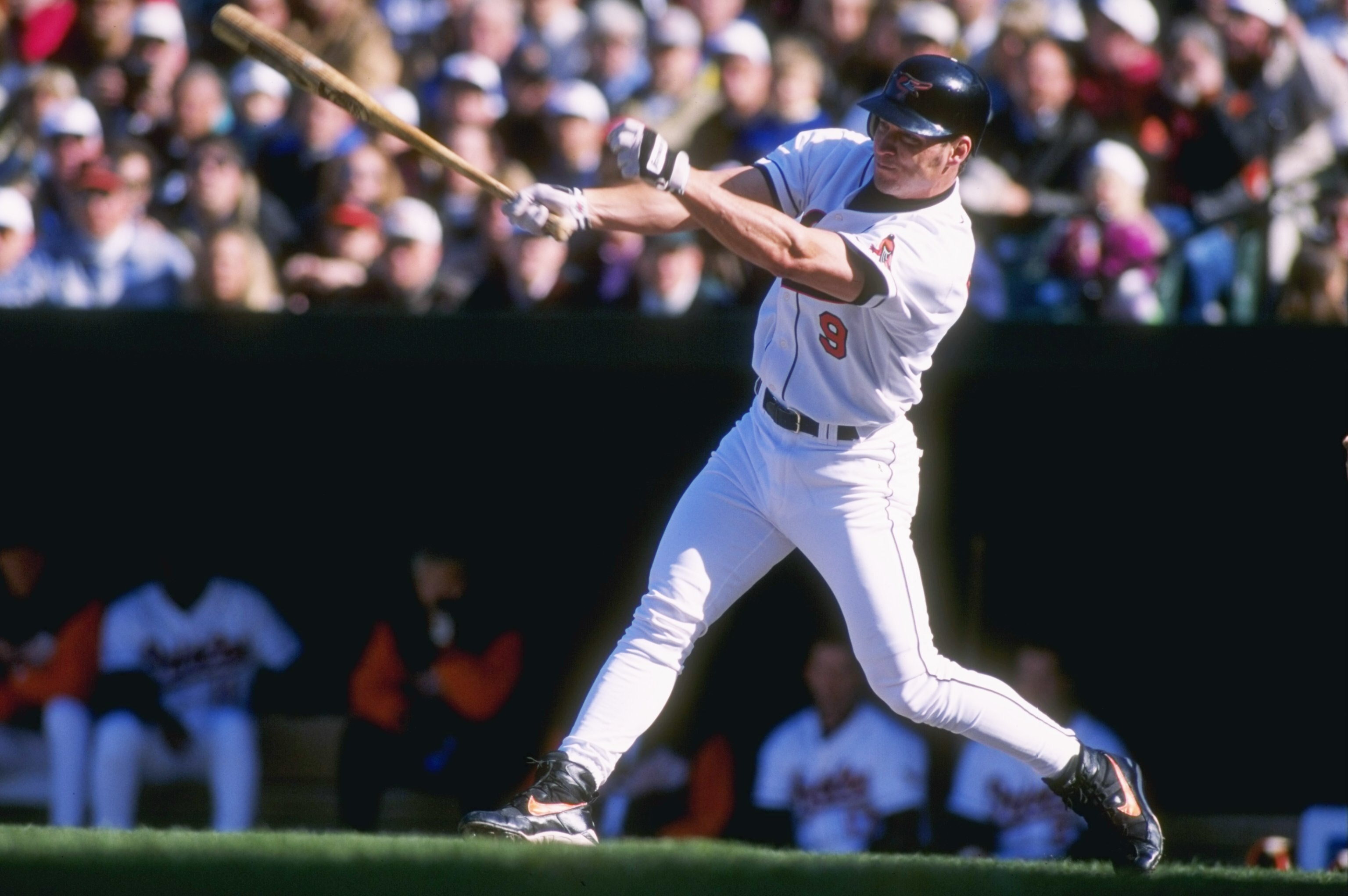 2 Apr 1996:  Centerfielder Brady Anderson of the Baltimore Orioles stares into the outfield as he follows through on a swing following a hit in the Orioles 4-2 victory over the Kansas City Royals in Oriole Park at Camden Yards in Baltimore, Maryland.  Man