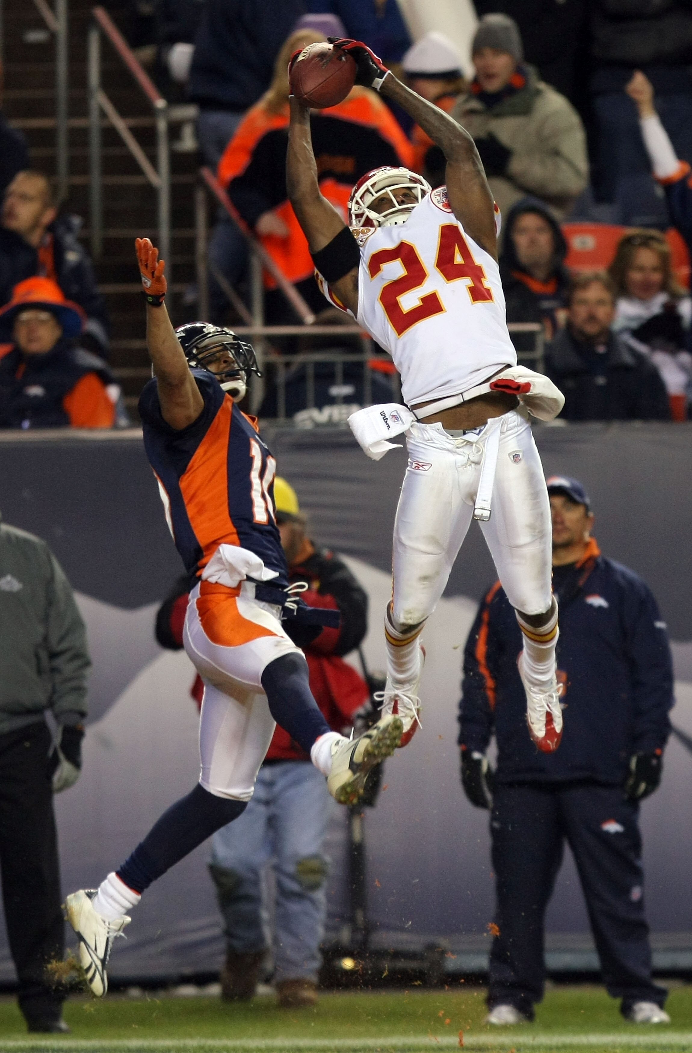 DENVER - JANUARY 03: Brandon Flowers #24 of the Kansas City Chiefs intercepts a pass which was intended for Jabar Gaffney #10 of the Broncos during the fourth quarter at Invesco Field at Mile High on January 3, 2010 in Denver, Colorado. (Photo by Doug Pen DENVER - JANUARY 03: Brandon Flowers #24 of the Kansas City Chiefs intercepts a pass which was intended for Jabar Gaffney #10 of the Broncos during the fourth quarter at Invesco Field at Mile High on January 3, 2010 in Denver, Colorado. (Photo by Doug Pen
