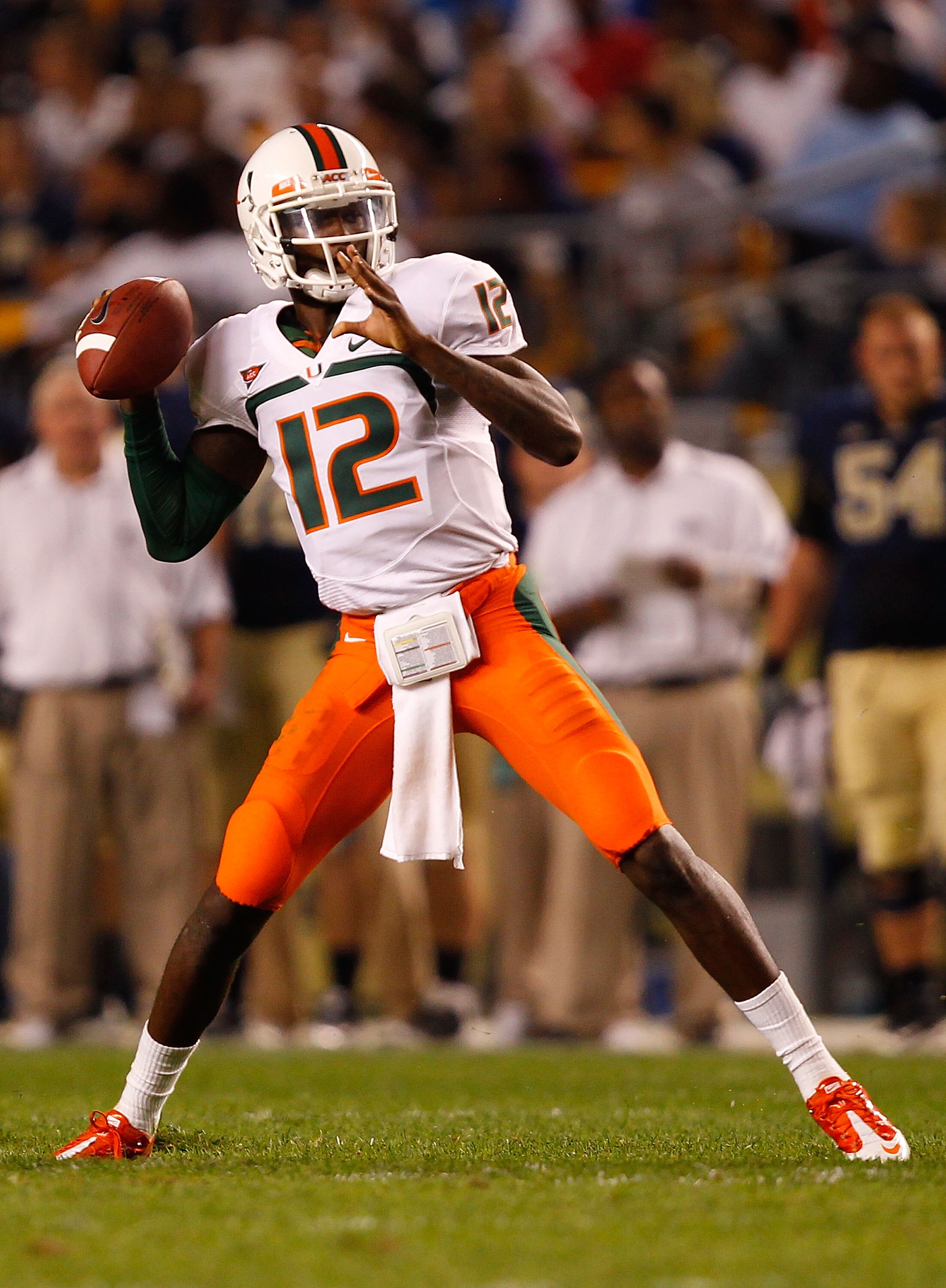 PITTSBURGH - SEPTEMBER 23:  Jacory Harris #12 of the Miami Hurricanes drops back to pass against the Pittsburgh Panthers on September 23, 2010 at Heinz Field in Pittsburgh, Pennsylvania.  (Photo by Jared Wickerham/Getty Images)
