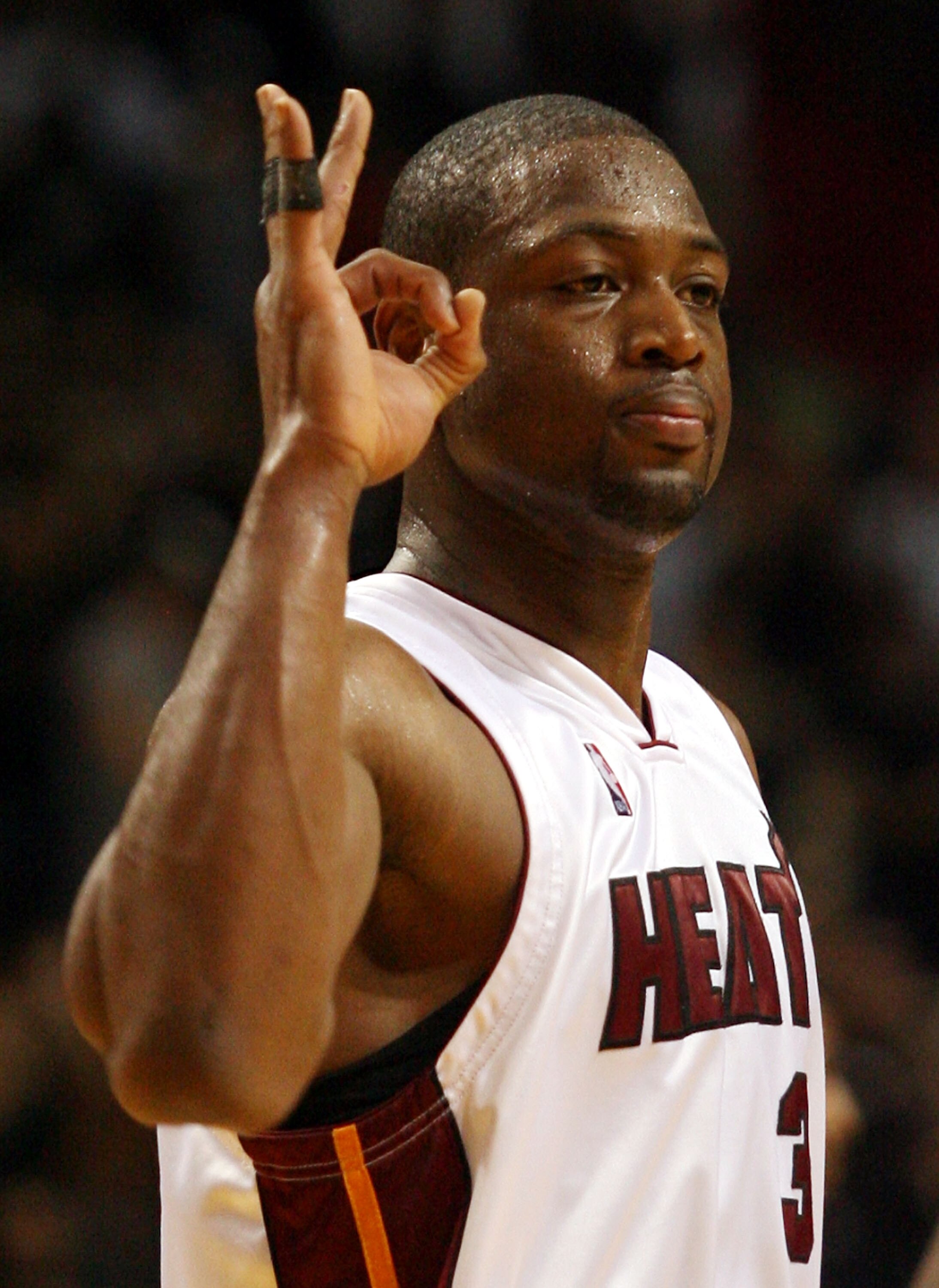 MIAMI - APRIL 25:  Guard Dwyane Wade #3 of the Miami Heat reacts against the Boston Celtics in Game Four of the Eastern Conference Quarterfinals during the 2010 NBA Playoffs at American Airlines Arena on April 25, 2010 in Miami, Florida. Wdae had 46 point