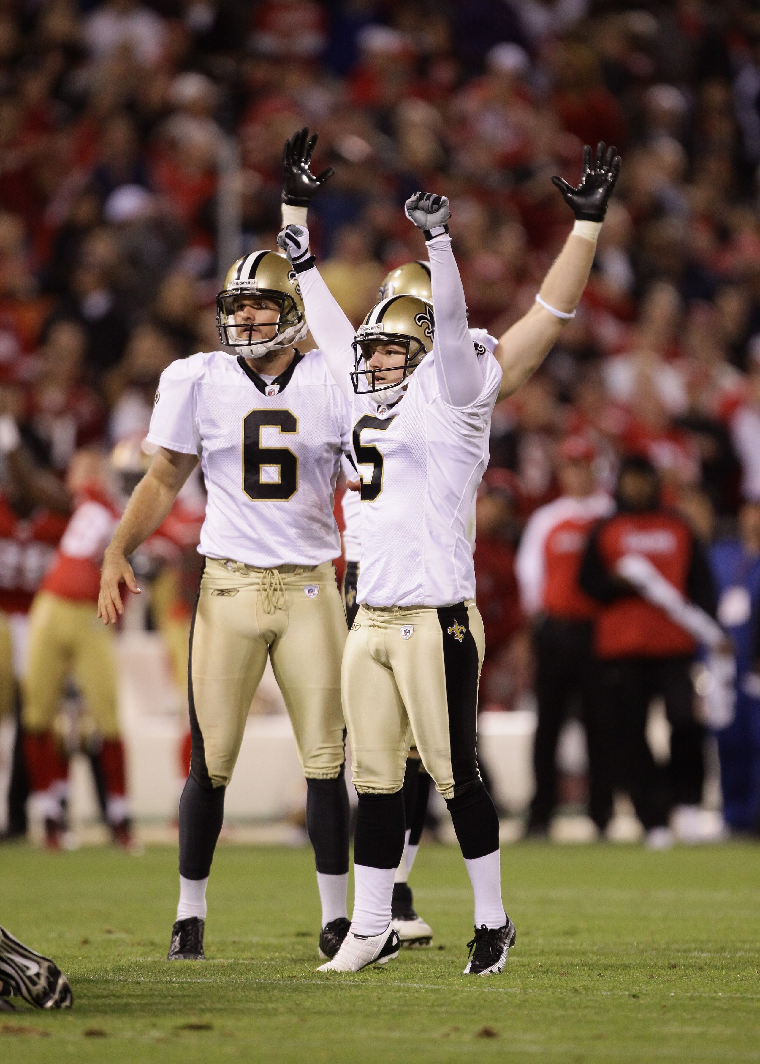 SAN FRANCISCO - SEPTEMBER 20:  Garrett Hartley #5 of the New Orleans Saints celebrates after he kicked the game winning field goal against the San Francisco 49ers at Candlestick Park on September 20, 2010 in San Francisco, California.  (Photo by Ezra Shaw