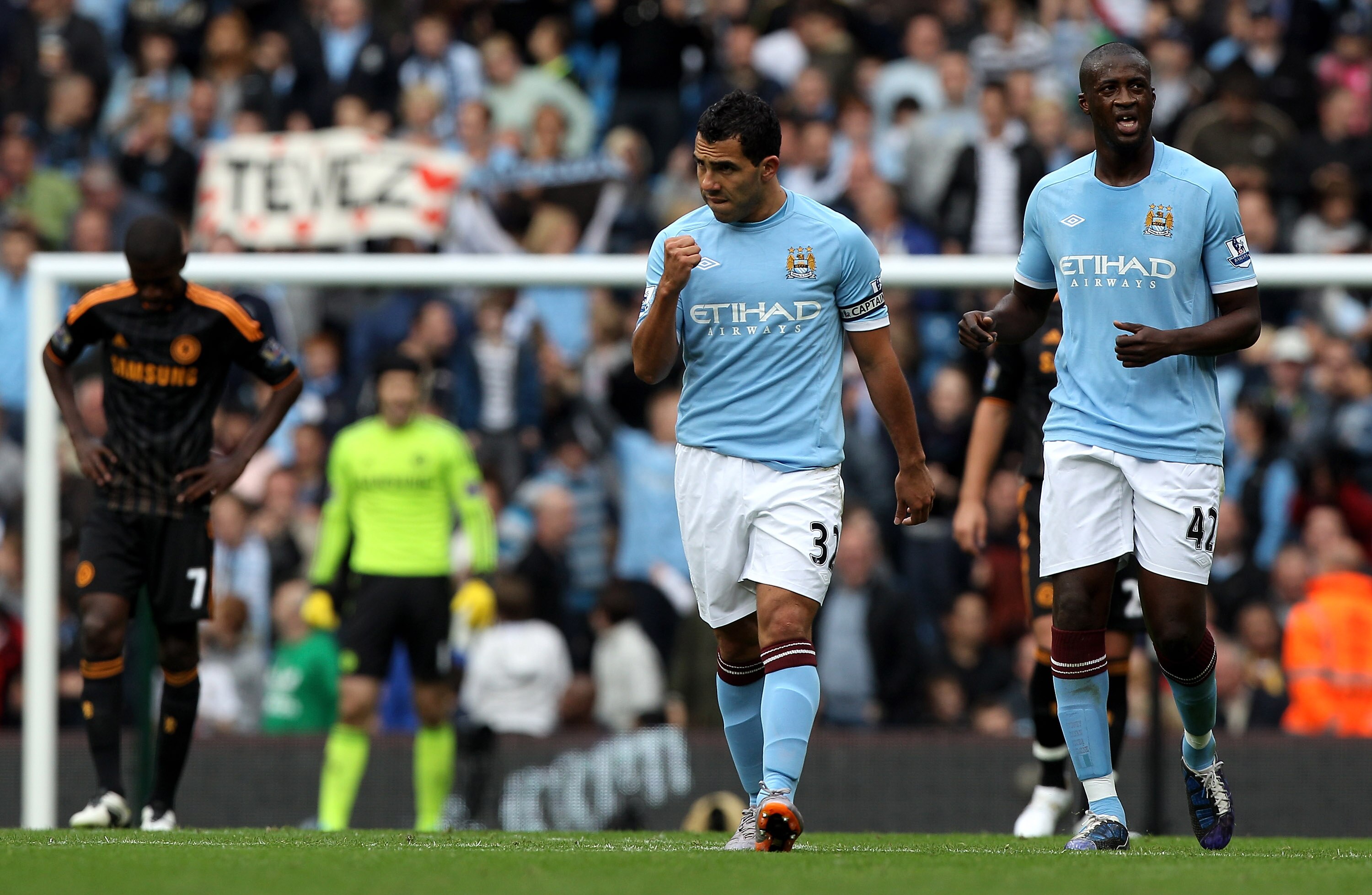 MANCHESTER, ENGLAND - SEPTEMBER 25:  Carlos Tevez of Manchester City celebrates after scoring the opening goal during the Barclays Premier League match between Manchester City and Chelsea at the City of Manchester Stadium on September 25, 2010 in Manchest