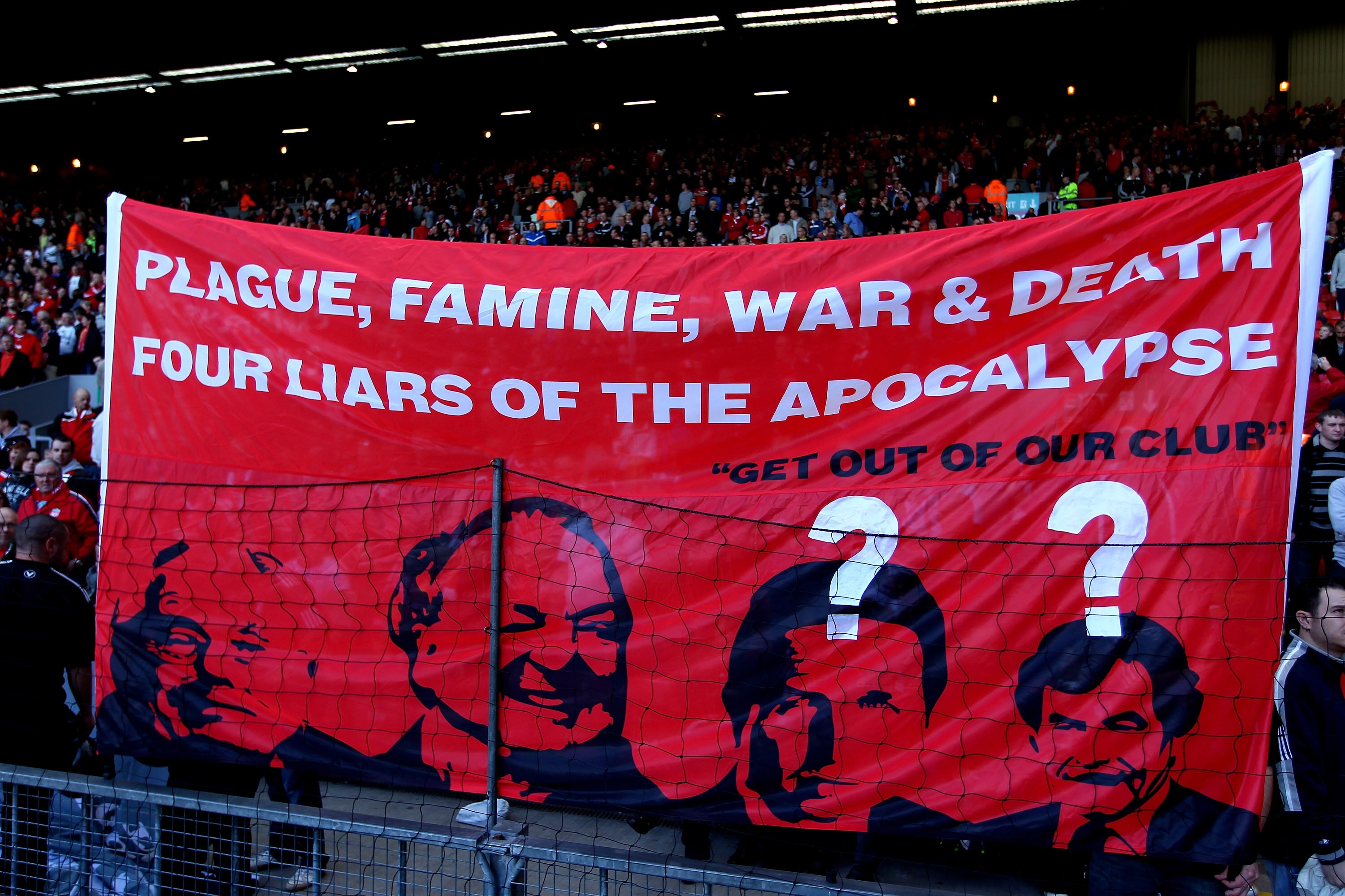 LIVERPOOL, ENGLAND - SEPTEMBER 25:  Liverpool  fans display anti American banners before the Barclays Premier League match between Liverpool and Sunderland at at Anfield on September 25, 2010 in Liverpool, England.  (Photo by Clive Brunskill/Getty Images)