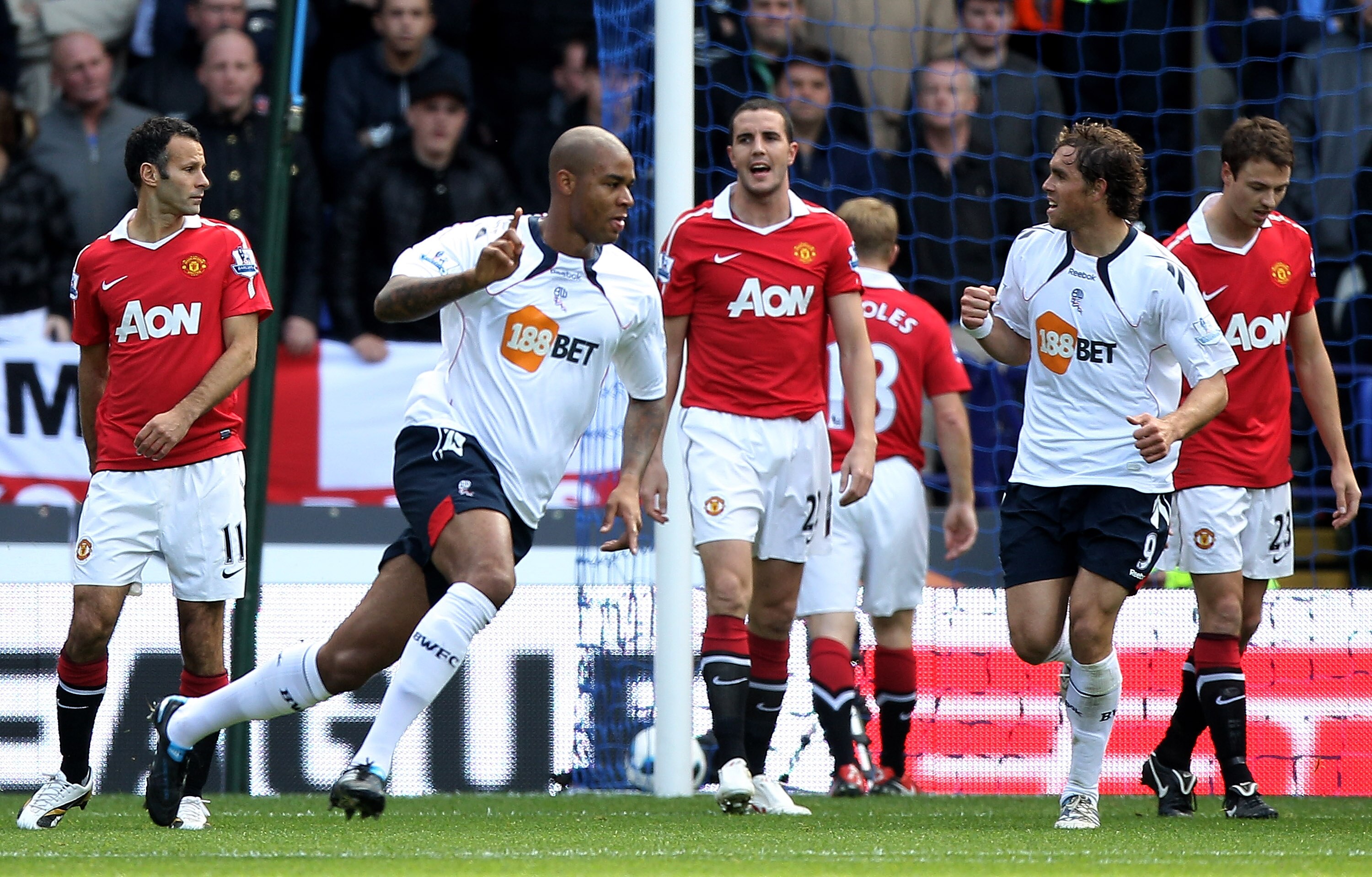 BOLTON, ENGLAND - SEPTEMBER 26:  Zat Knight of Bolton Wanderers celebrates scoring the opening goal during the Barclays Premier League match between Bolton Wanderers and Manchester United at the Reebok Stadium on September 26, 2010 in Bolton, England.  (P
