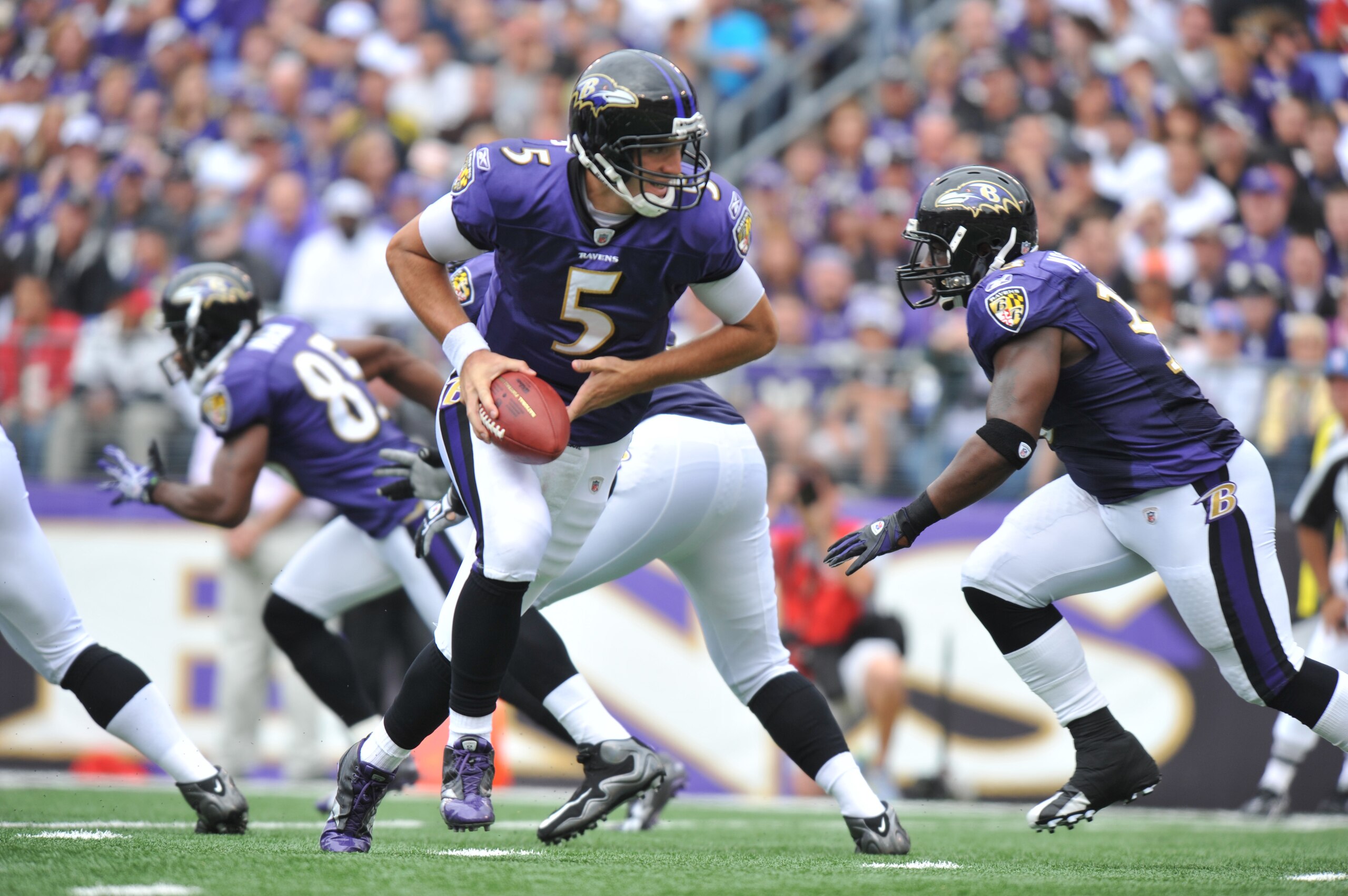 BALTIMORE - SEPTEMBER 26:  Joe Flacco #5 of the Baltimore Ravens hands off against the Cleveland Browns  at M&T Bank Stadium on September 26, 2010 in Baltimore, Maryland. The Ravens lead the Browns at the half 14-10. (Photo by Larry French/Getty Images)