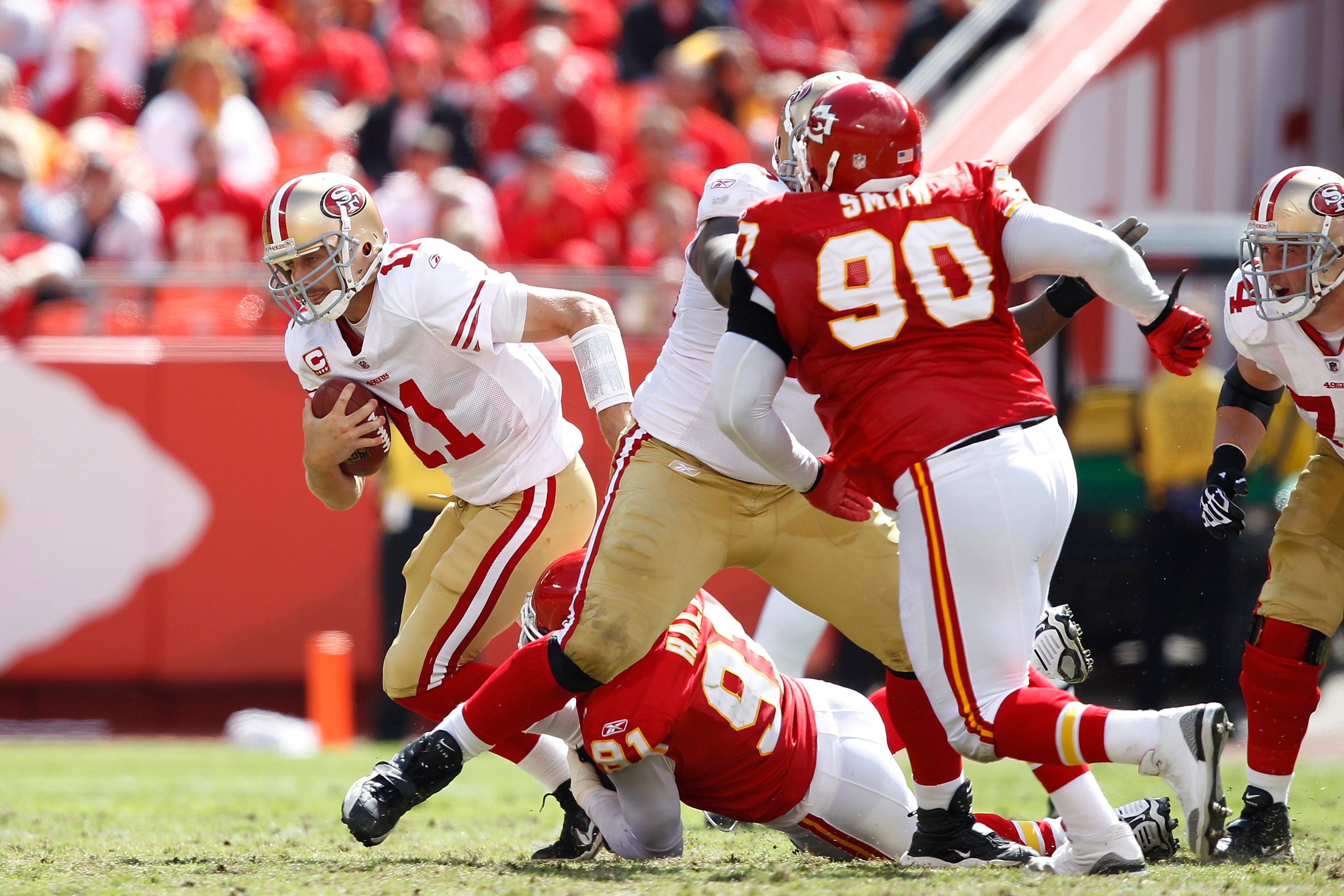 KANSAS CITY, MO - SEPTEMBER 26: Tamba Hali #91 of the Kansas City Chiefs sacks Alex Smith #11 of the San Francisco 49ers at Arrowhead Stadium on September 26, 2010 in Kansas City, Missouri. The Chiefs won 31-10. (Photo by Joe Robbins/Getty Images)